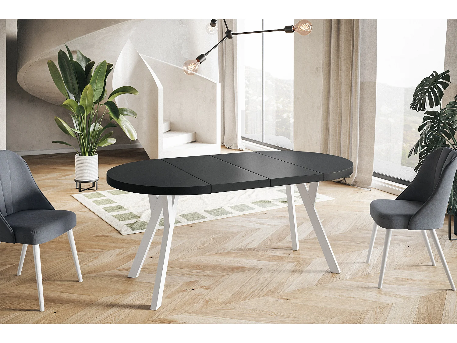 Table de salle à manger ronde OVO, table à rallonges Diamètre : 90 cm à 190 cm, couleur de la table basse : noir, avec pieds en bois de couleur blanc