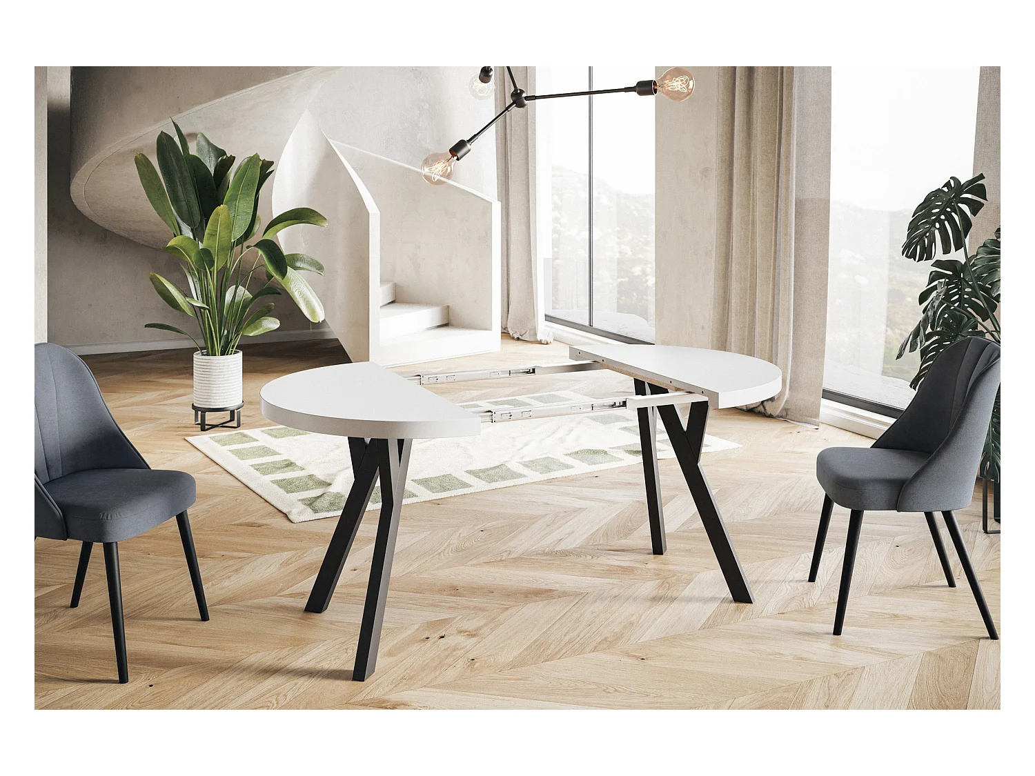 Table de salle à manger ronde OVO, table à rallonges Diamètre : 120 cm à 220 cm, couleur de la table basse : blanc, avec pieds en bois couleur noir
