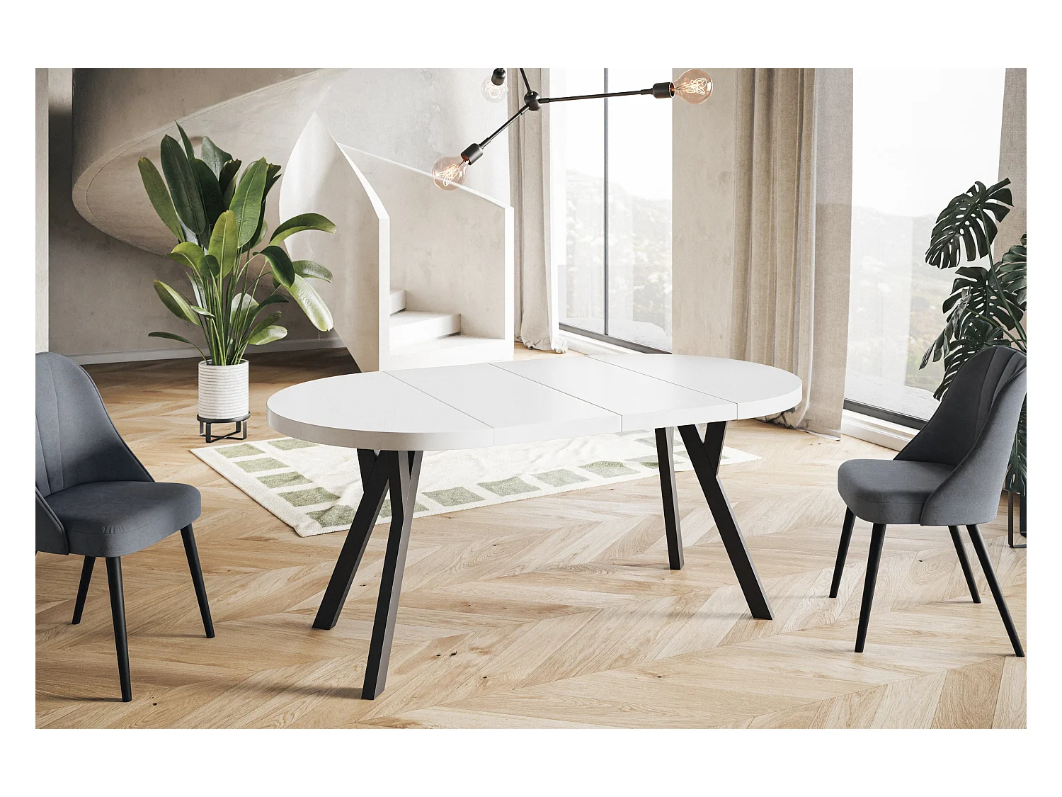 Table de salle à manger ronde OVO, table à rallonges Diamètre : 120 cm à 220 cm, couleur de la table basse : blanc, avec pieds en bois couleur noir