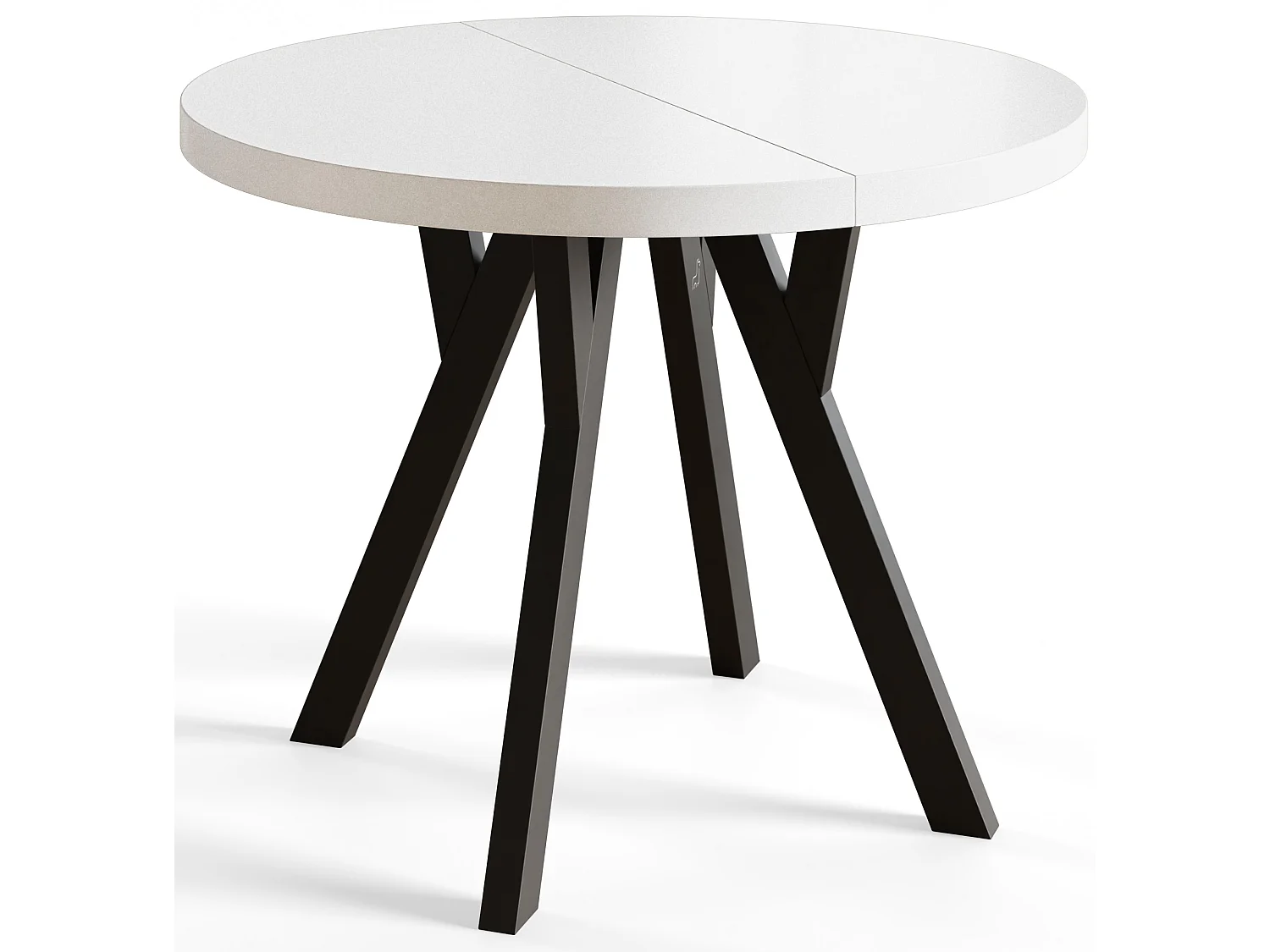 Table de salle à manger ronde OVO, table à rallonges Diamètre : 120 cm à 220 cm, couleur de la table basse : blanc, avec pieds en bois couleur noir