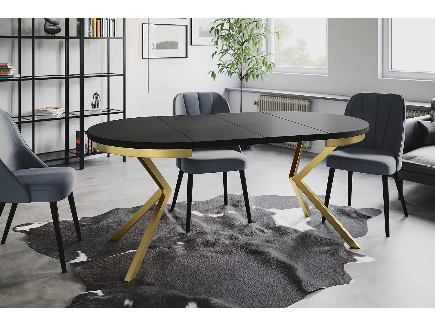 Table de salle à manger ronde BERGO, table à rallonges Diamètre : 100 cm/180 cm, couleur de la table basse : noir, avec pieds métalliques couleur or