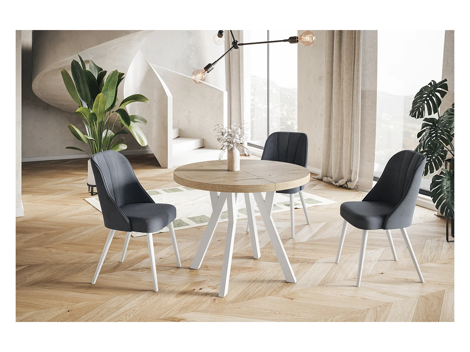 Table de salle à manger ronde OVO, table à rallonges Diamètre : 100 cm à 200 cm, couleur de la table basse : HALIFAX, avec pieds en bois de couleur blanche