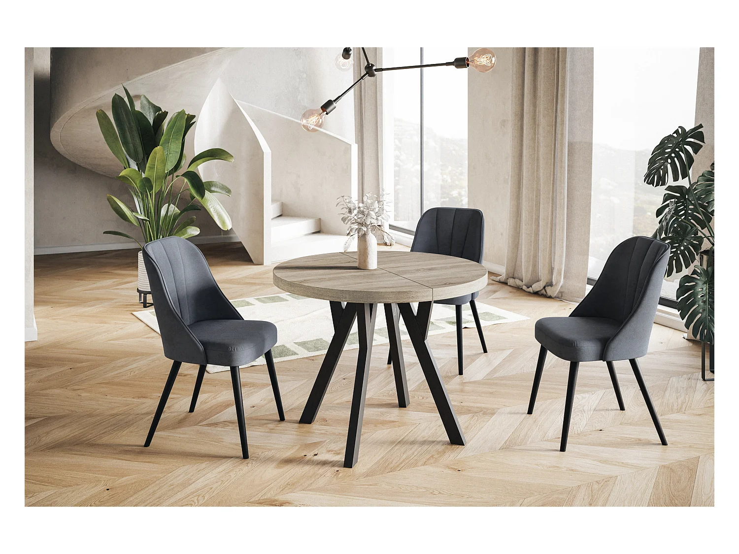 Table de salle à manger ronde OVO, table à rallonges Diamètre : 120 cm à 220 cm, couleur de la table basse : SONOMA, avec pieds en bois couleur noir