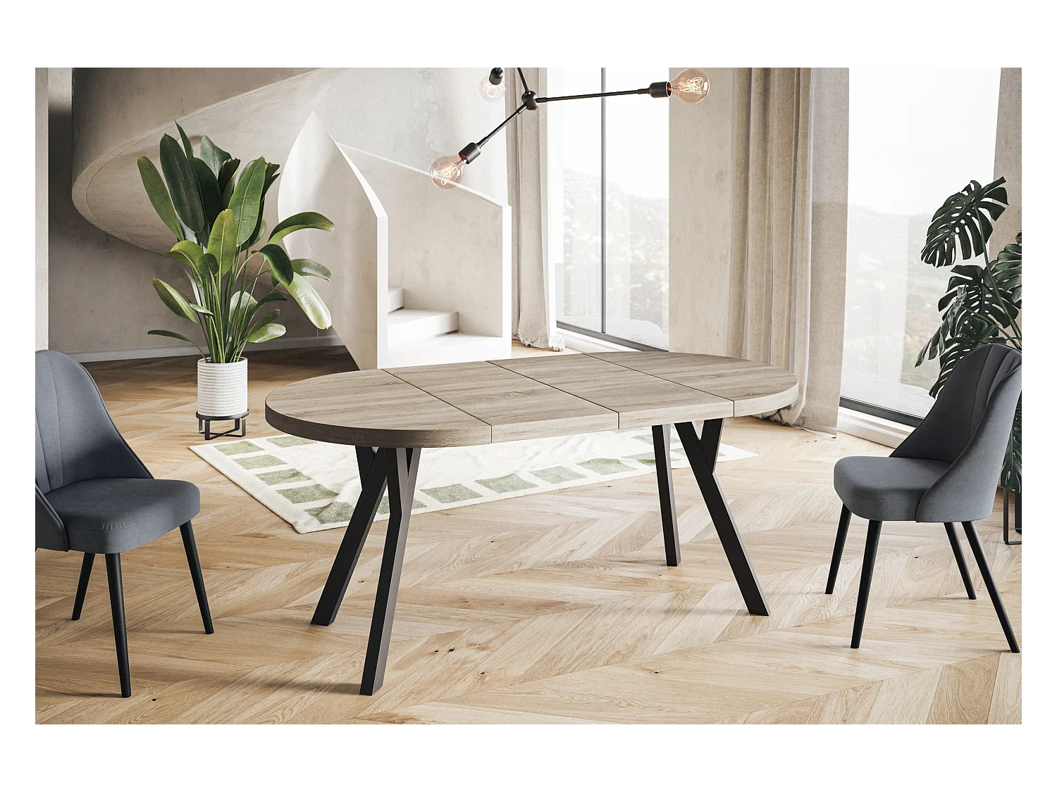 Table de salle à manger ronde OVO, table à rallonges Diamètre : 120 cm à 220 cm, couleur de la table basse : SONOMA, avec pieds en bois couleur noir