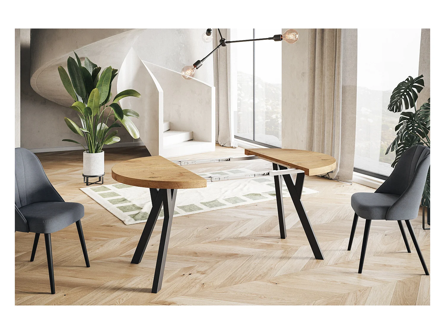 Table de salle à manger ronde OVO, table à rallonges Diamètre : 110 cm à 210 cm, couleur de la table basse : LANCELOT, avec pieds en bois de couleur noire