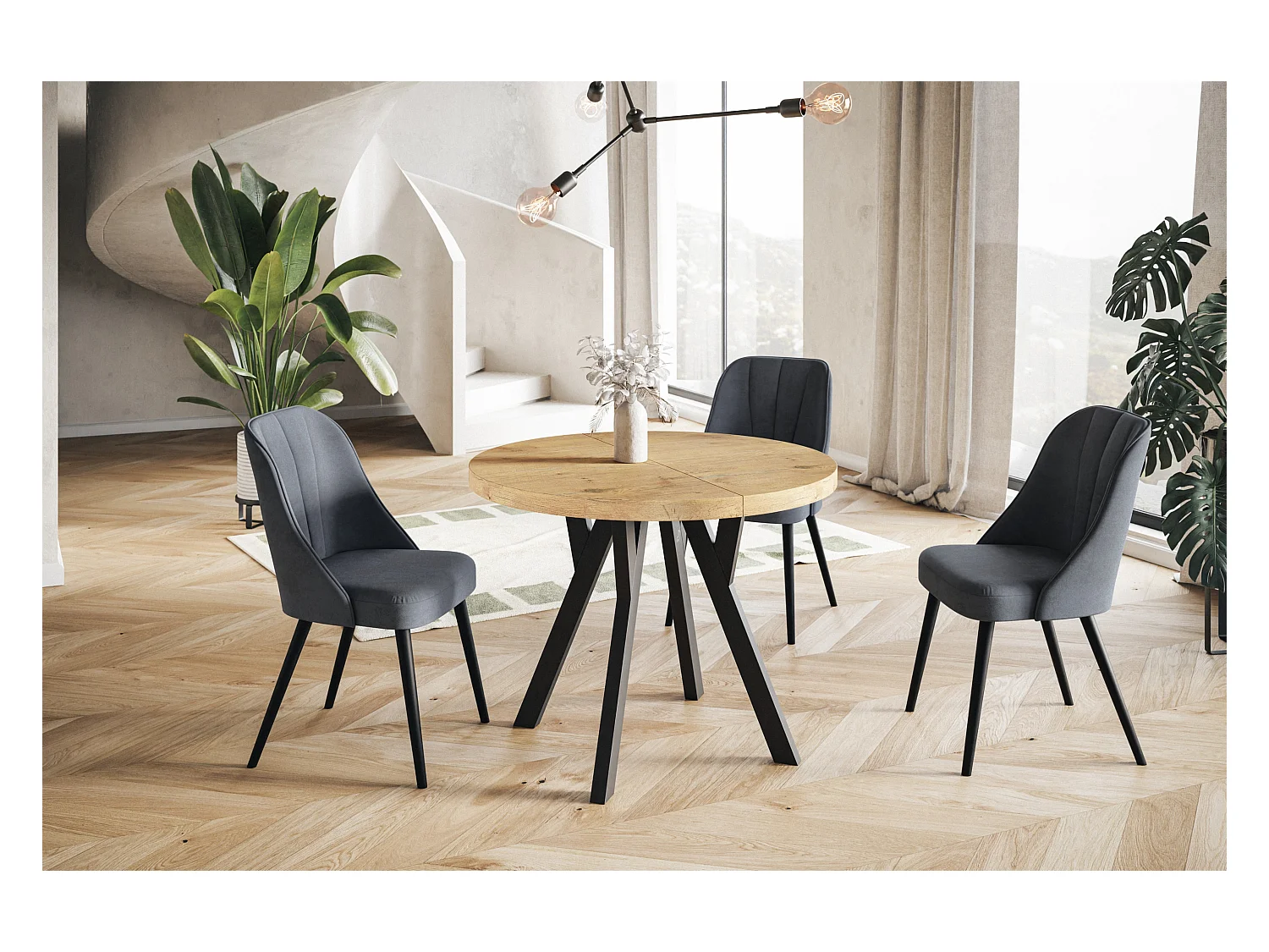 Table de salle à manger ronde OVO, table à rallonges Diamètre : 110 cm à 210 cm, couleur de la table basse : LANCELOT, avec pieds en bois de couleur noire