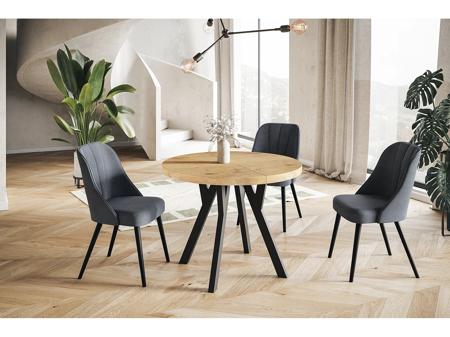 Table de salle à manger ronde OVO, table à rallonges Diamètre : 110 cm à 210 cm, couleur de la table basse : LANCELOT, avec pieds en bois de couleur noire