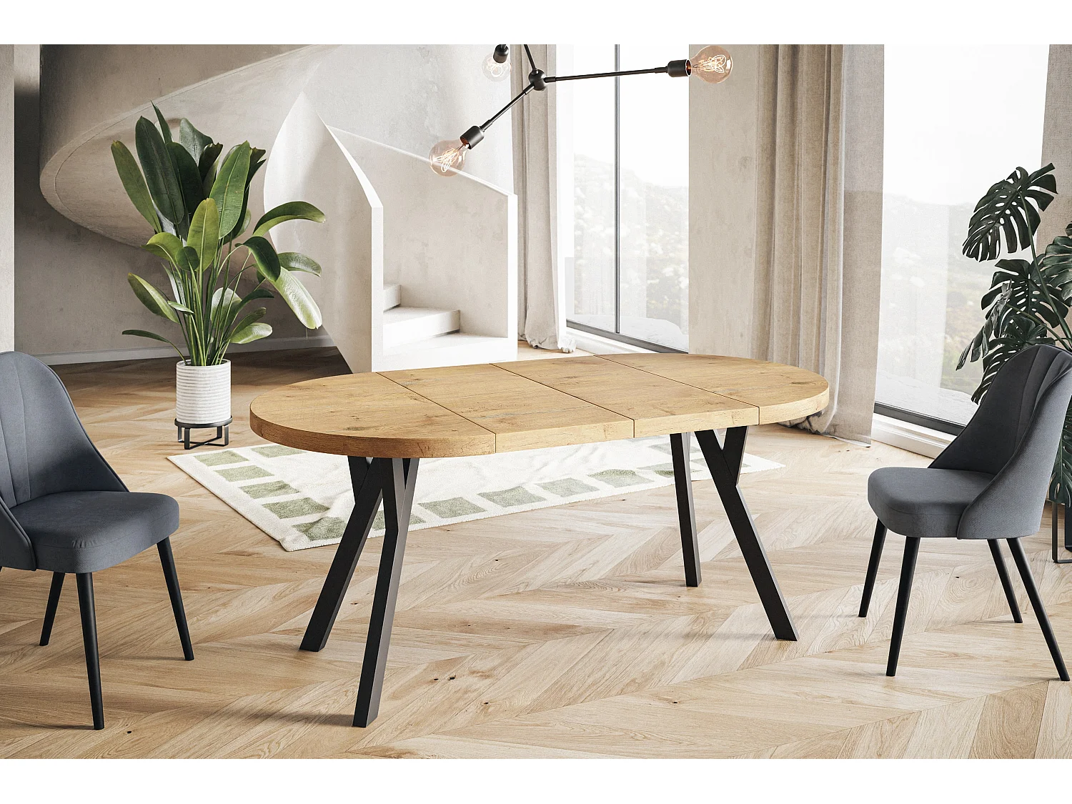 Table de salle à manger ronde OVO, table à rallonges Diamètre : 110 cm à 210 cm, couleur de la table basse : LANCELOT, avec pieds en bois de couleur noire