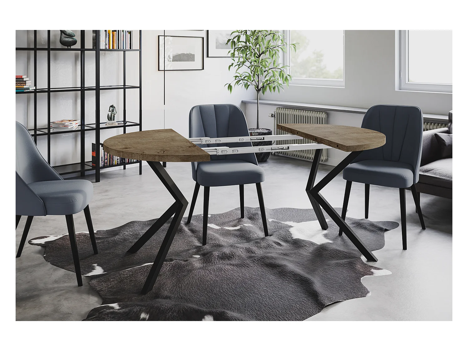 Table de salle à manger ronde BERGO, table à rallonges Diamètre : 100 cm/180 cm, couleur de la table basse : gris, avec pieds métalliques de couleur noire