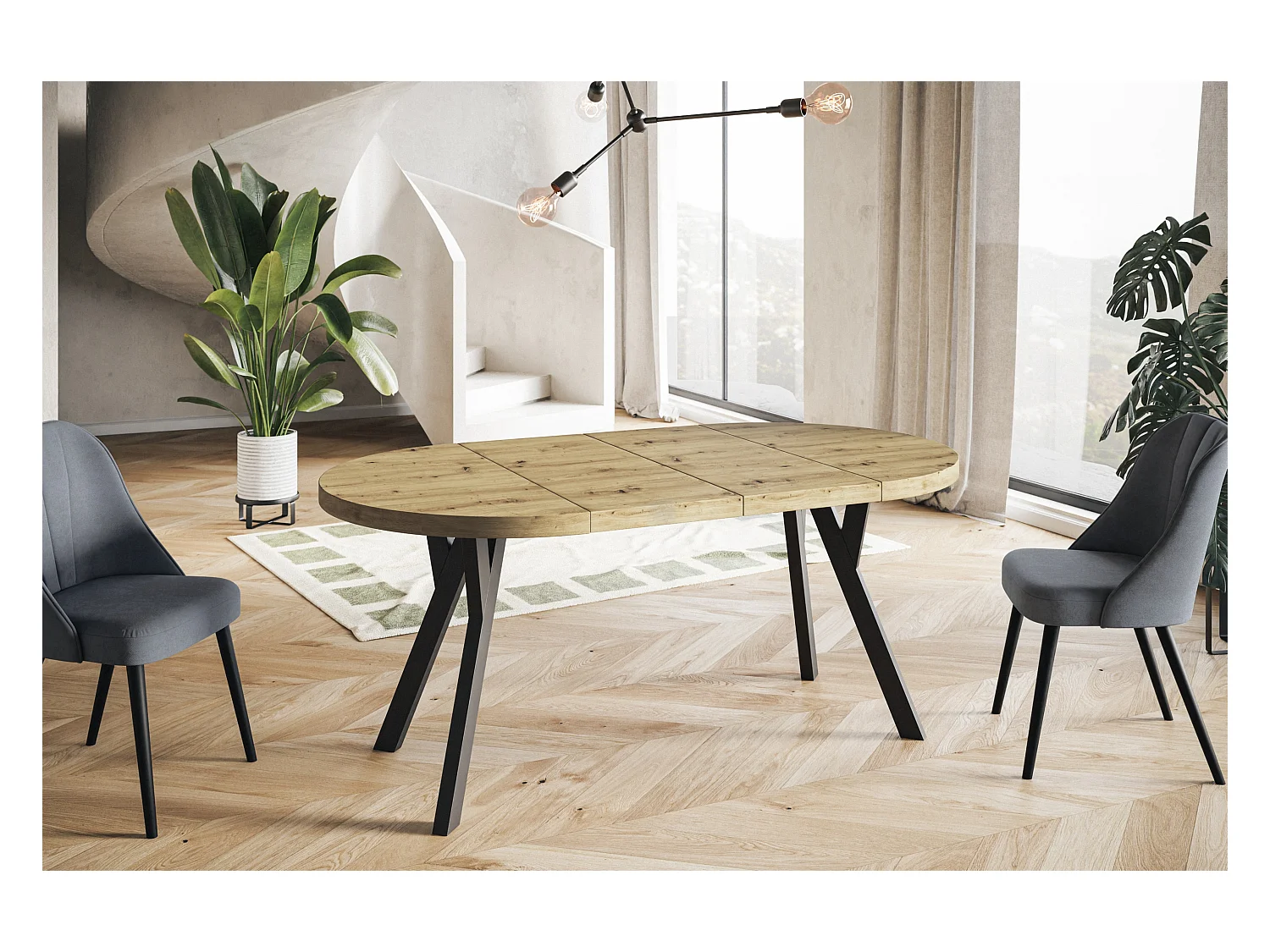 Table de salle à manger ronde OVO, table à rallonges Diamètre : 120 cm à 220 cm, couleur de la table basse : ARTISAN, avec pieds en bois de couleur noire