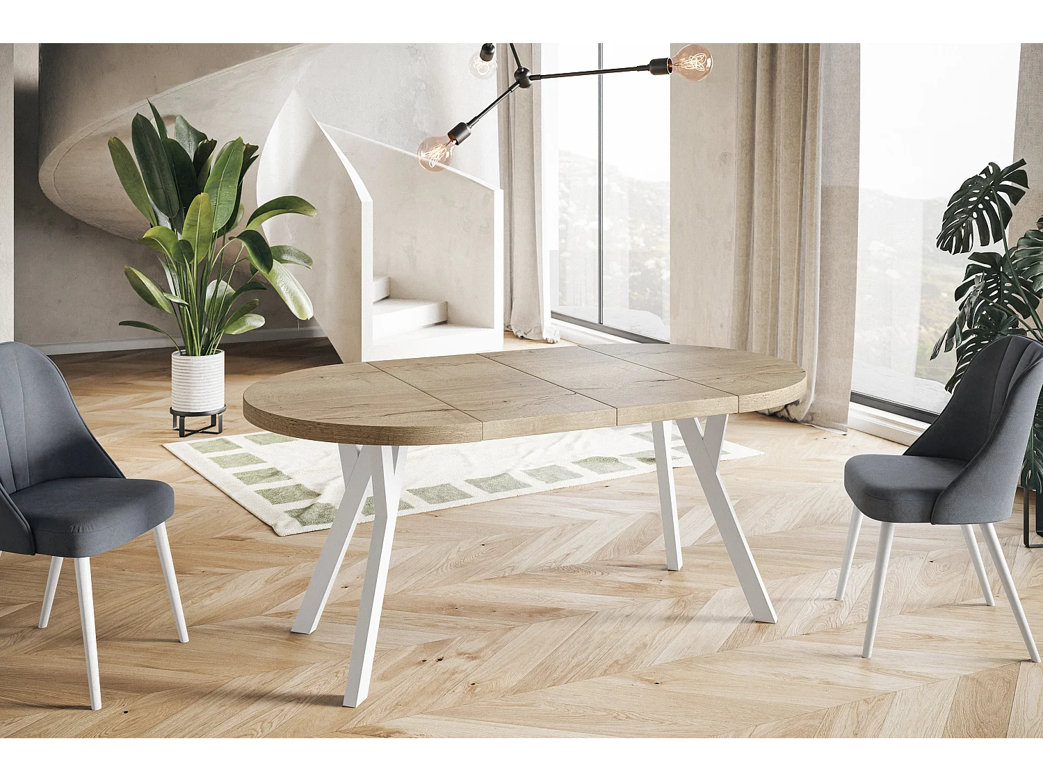 Table de salle à manger ronde OVO, table à rallonges Diamètre : 90 cm à 190 cm, couleur de la table basse : HALIFAX, avec pieds en bois de couleur blanche