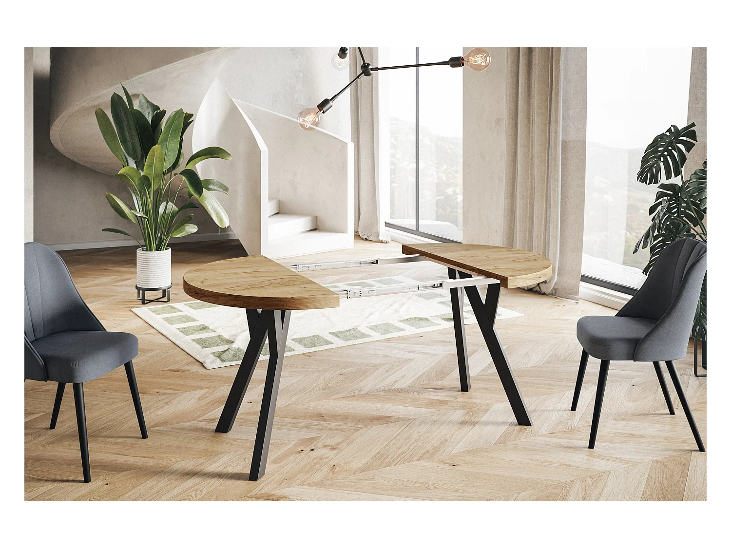 Table de salle à manger ronde OVO, table à rallonges Diamètre : 120 cm à 220 cm, couleur de la table basse : CRAFT, avec pieds en bois de couleur noire