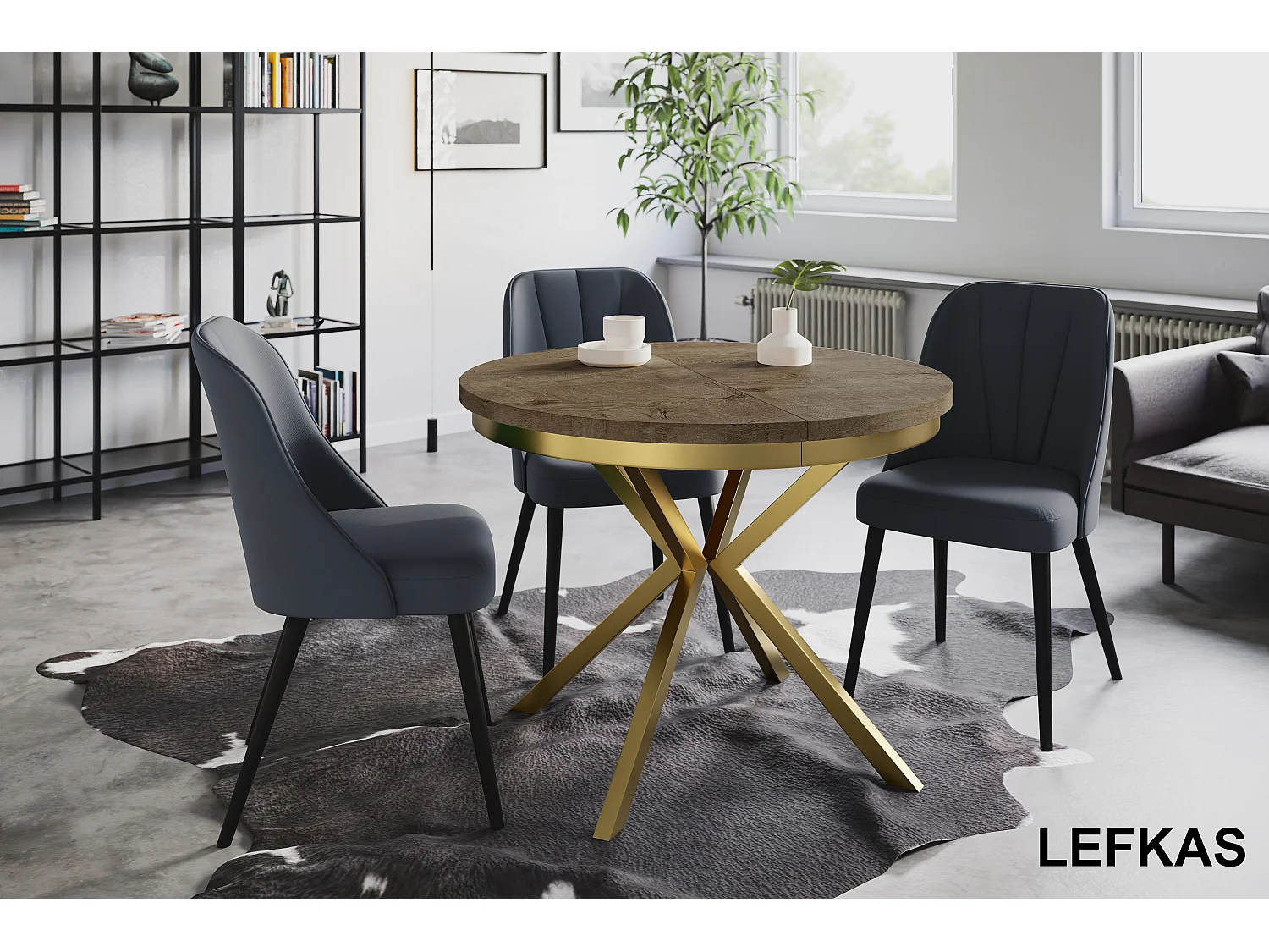 Table de salle à manger ronde BERGO, table à rallonges Diamètre : 100 cm/180 cm, couleur de la table basse : gris, avec pieds métalliques couleur or