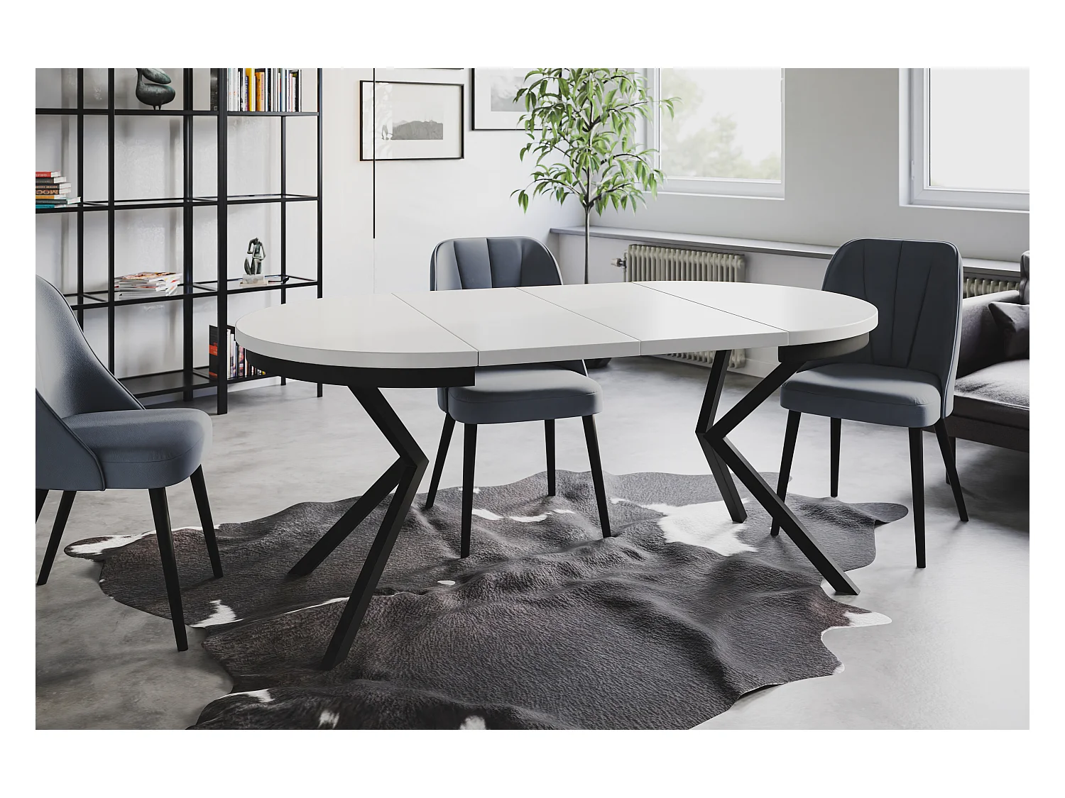 Table de salle à manger ronde BERGO, table à rallonges Diamètre : 120 cm/200 cm, couleur de la table basse : blanc, avec pieds métalliques de couleur noir