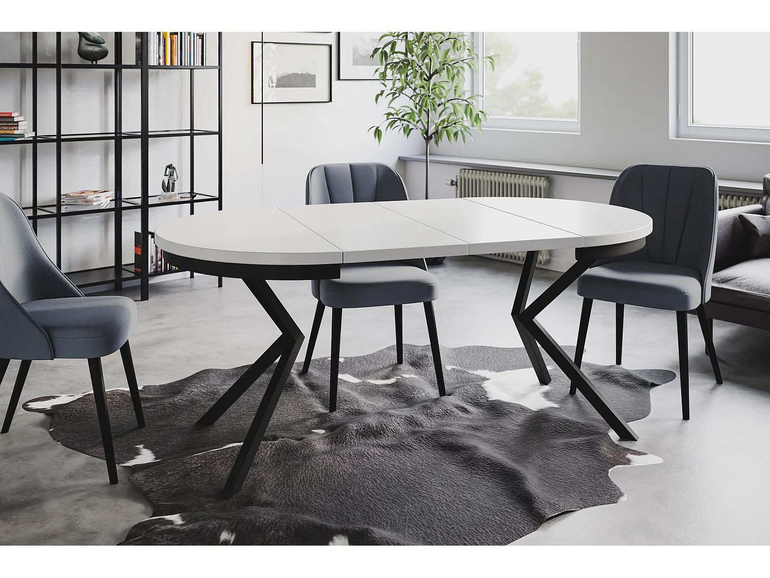 Table de salle à manger ronde BERGO, table à rallonges Diamètre : 120 cm/200 cm, couleur de la table basse : blanc, avec pieds métalliques de couleur noir