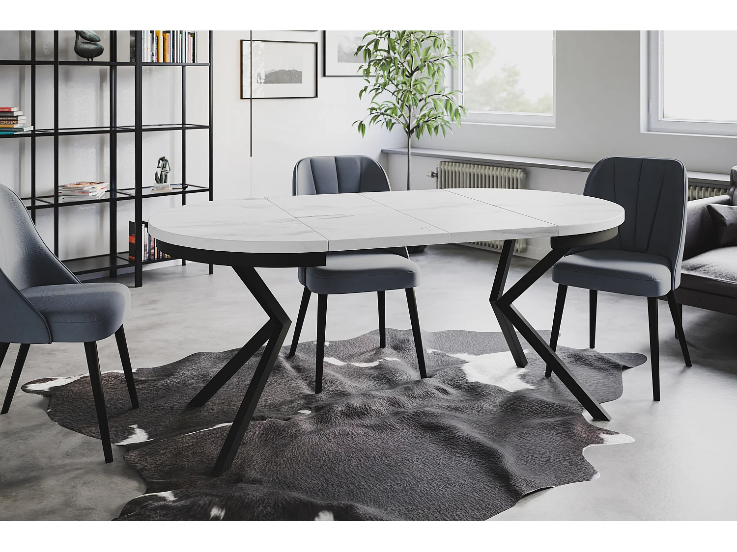 Table de salle à manger ronde BERGO, table à rallonges Diamètre : 90 cm/170 cm, couleur de la table basse : marbre, avec pieds métalliques de couleur noire