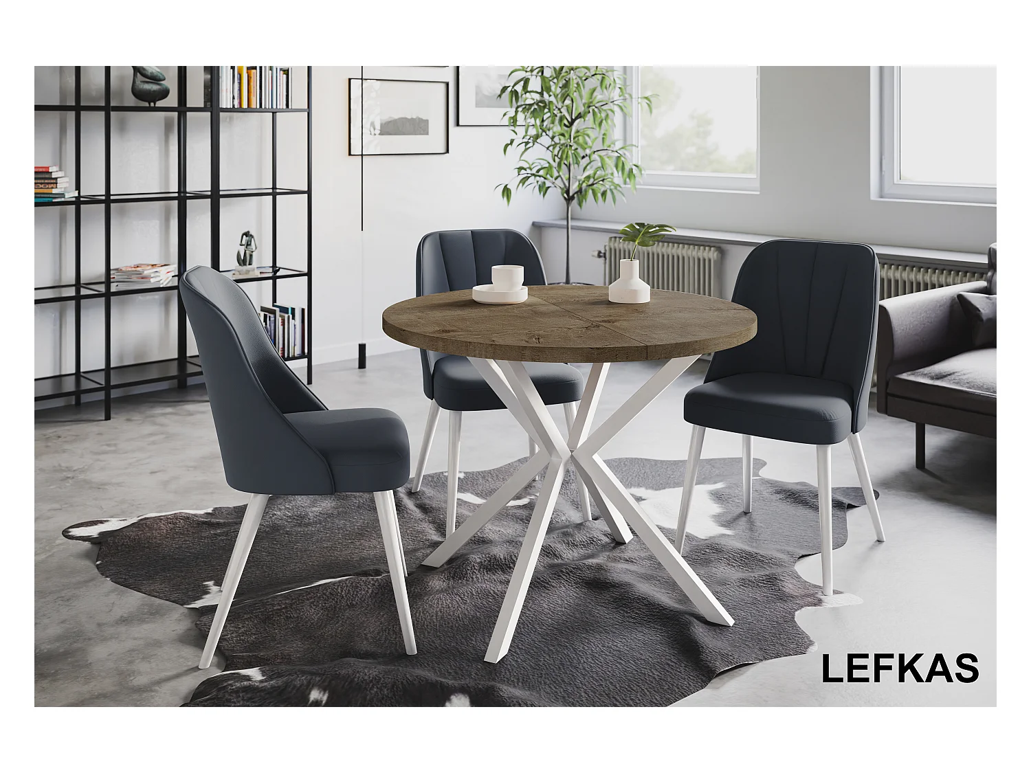 Table à manger ronde LITEN, table à rallonges Diamètre : 90 cm/170 cm, table de salon Couleur : gris, avec pieds métalliques blancs