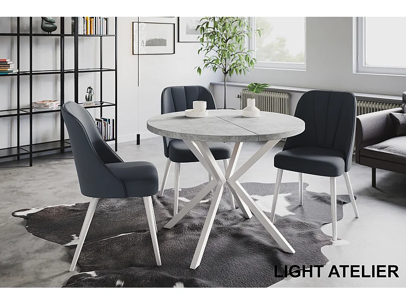 Table à manger ronde LITEN, table à rallonges Diamètre : 100 cm/180 cm, couleur de la table basse : gris clair, avec pieds métalliques blancs