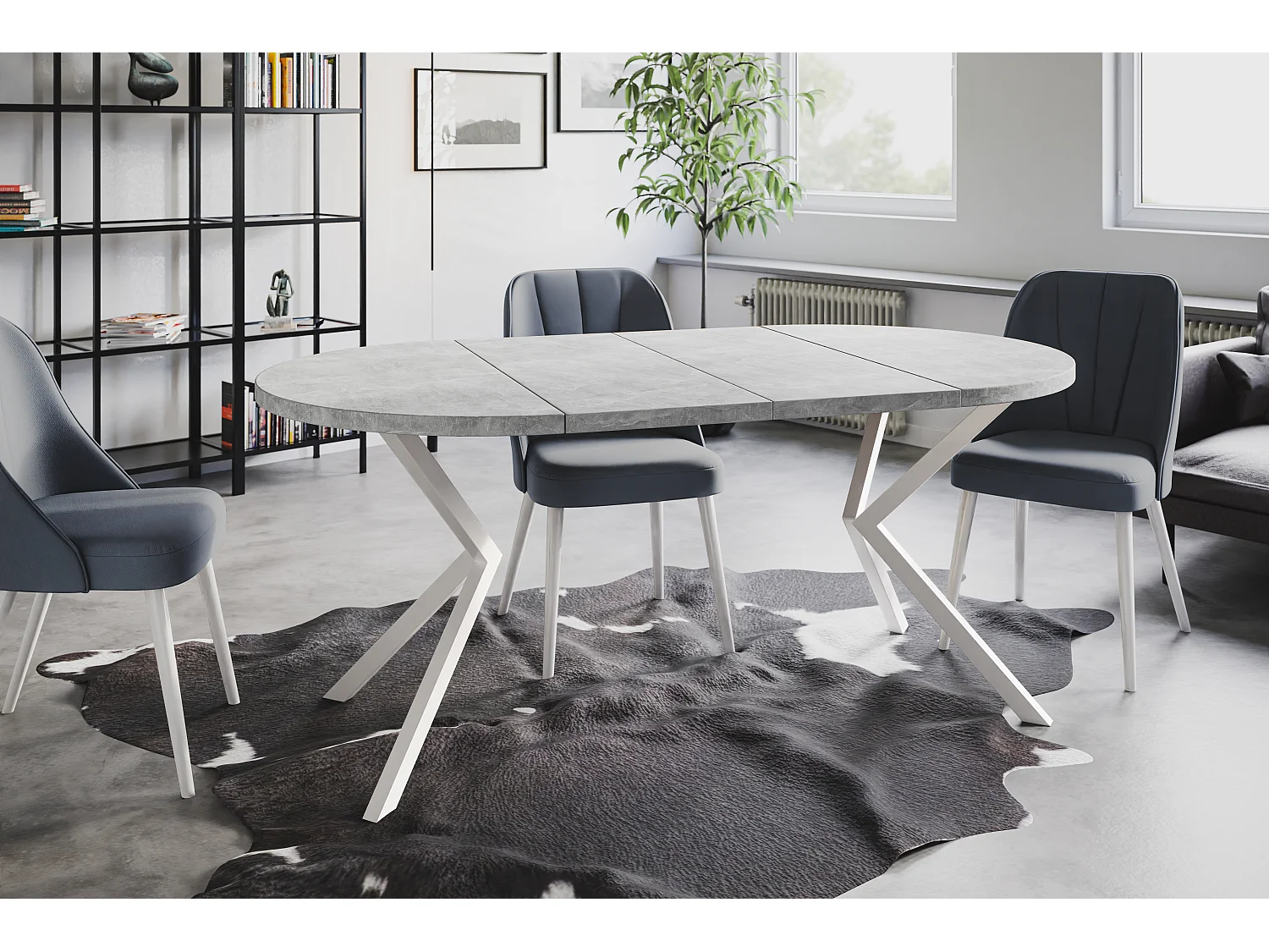 Table à manger ronde LITEN, table à rallonges Diamètre : 100 cm/180 cm, couleur de la table basse : gris clair, avec pieds métalliques blancs