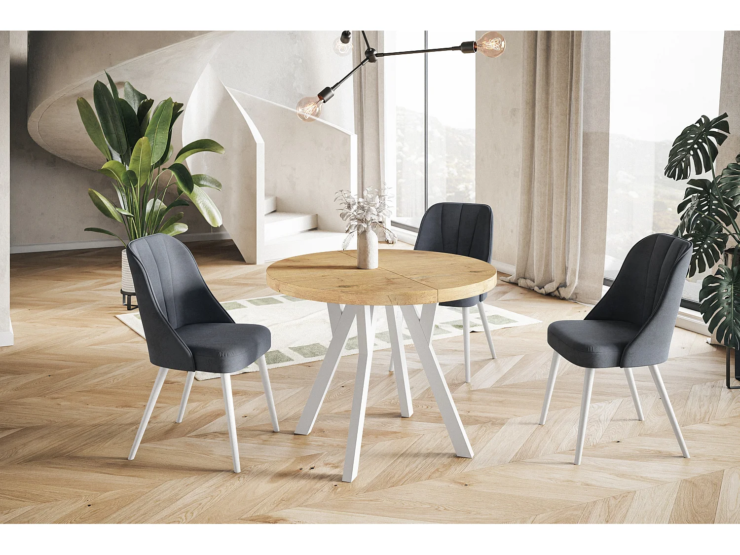 Table de salle à manger ronde OVO, table à rallonges Diamètre : 90 cm à 190 cm, couleur de la table basse : LANCELOT, avec pieds en bois blanc