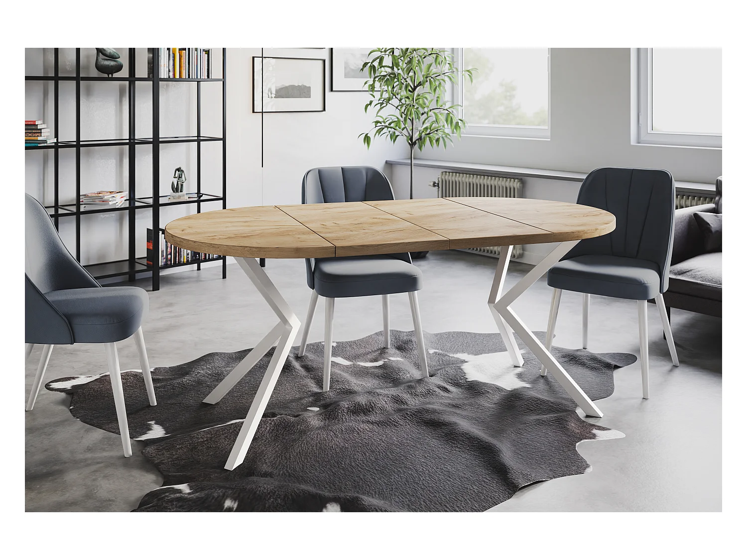 Table à manger ronde LITEN, table à rallonges Diamètre : 120 cm/200 cm, couleur de la table basse : marron, avec pieds métalliques blancs