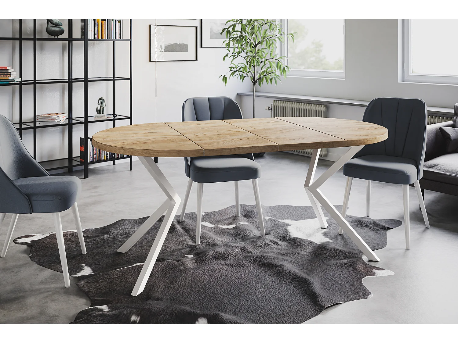 Table à manger ronde LITEN, table à rallonges Diamètre : 120 cm/200 cm, couleur de la table basse : marron, avec pieds métalliques blancs