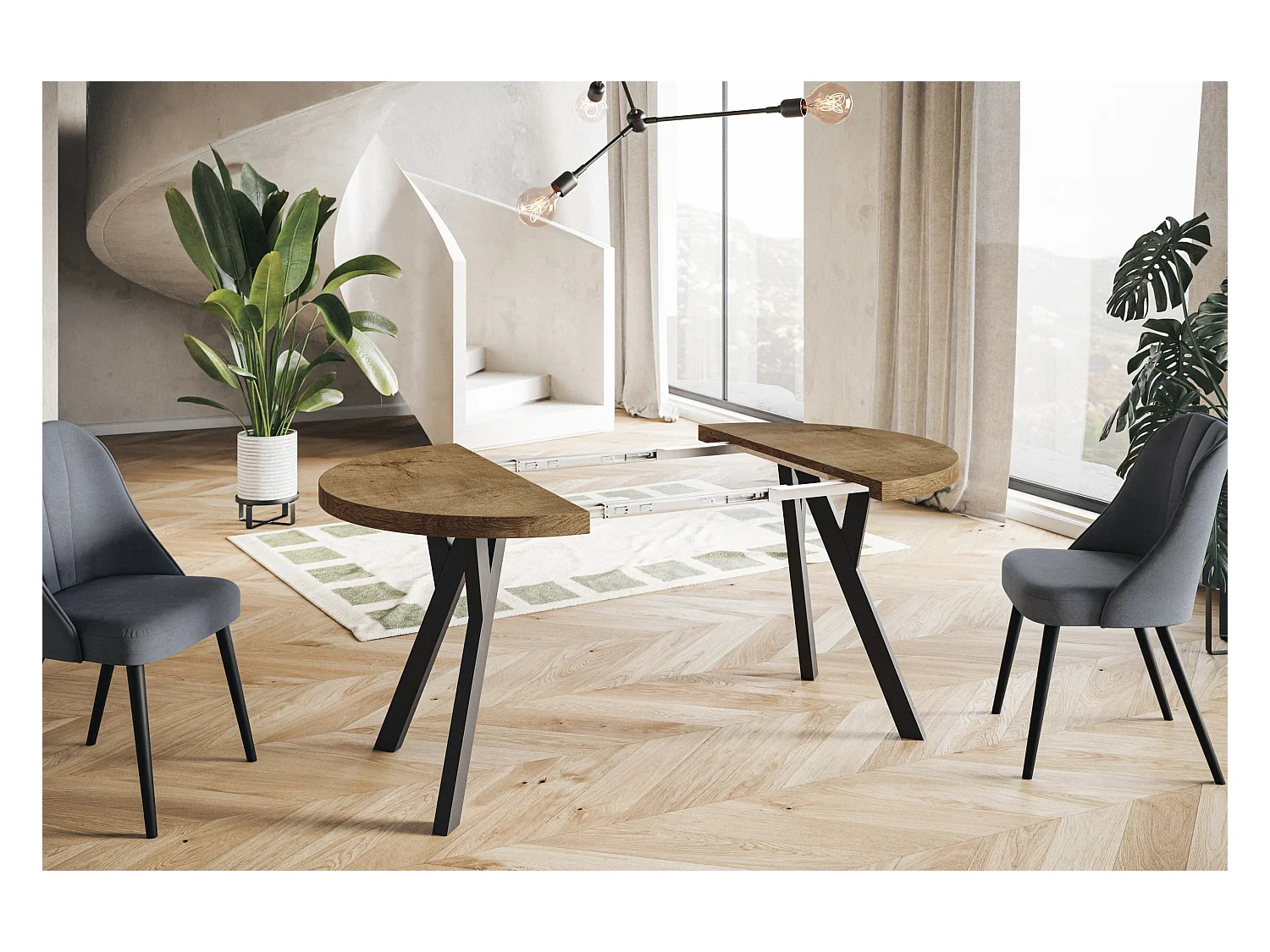 Table de salle à manger ronde OVO, table à rallonges Diamètre : 110 cm à 210 cm, couleur de la table basse : LEFAKS, avec pieds en bois de couleur noire