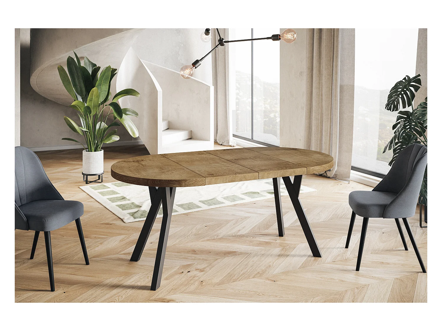 Table de salle à manger ronde OVO, table à rallonges Diamètre : 110 cm à 210 cm, couleur de la table basse : LEFAKS, avec pieds en bois de couleur noire