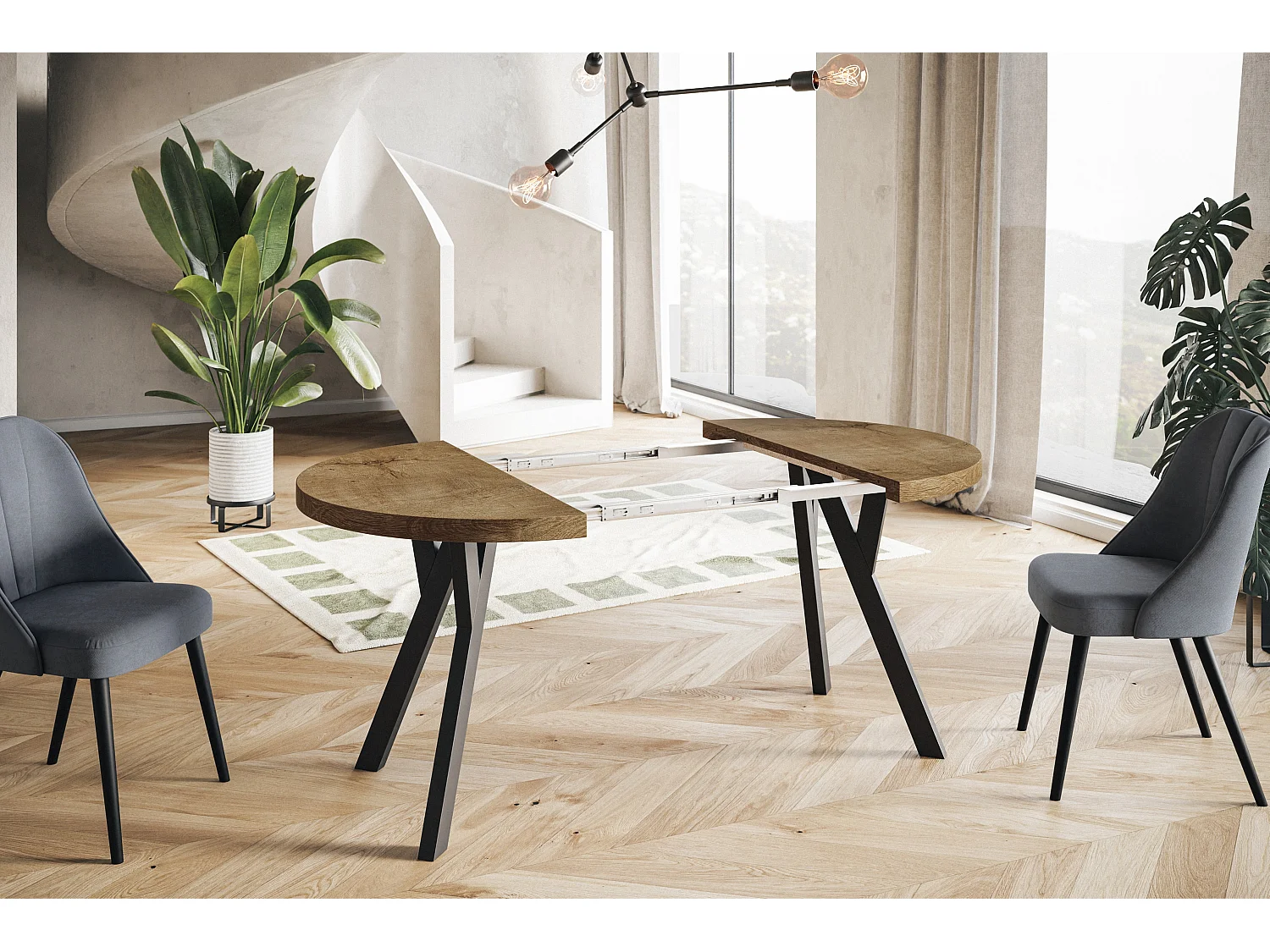 Table de salle à manger ronde OVO, table à rallonges Diamètre : 110 cm à 210 cm, couleur de la table basse : LEFAKS, avec pieds en bois de couleur noire