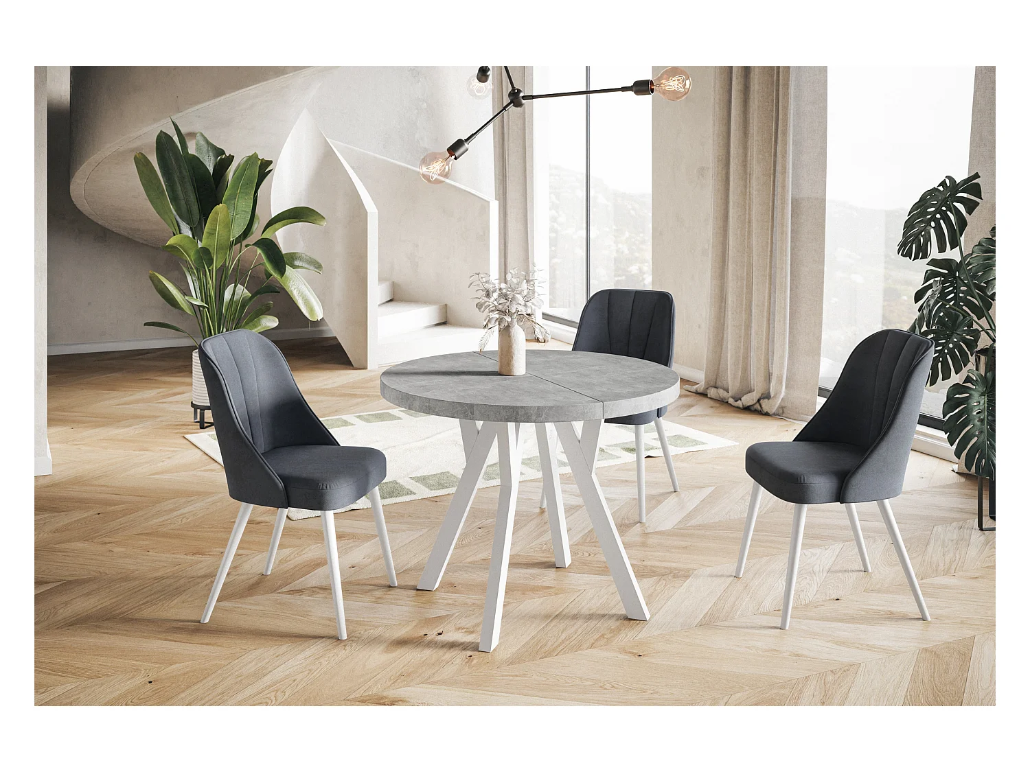 Table de salle à manger ronde OVO, table à rallonges Diamètre : 100 cm à 200 cm, couleur de la table basse : graphite, avec pieds en bois blanc
