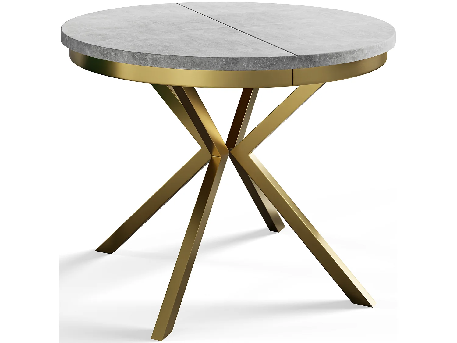 Table de salle à manger ronde BERGO, table à rallonges Diamètre : 100 cm/180 cm, couleur de la table basse : gris clair, avec pieds métalliques couleur or
