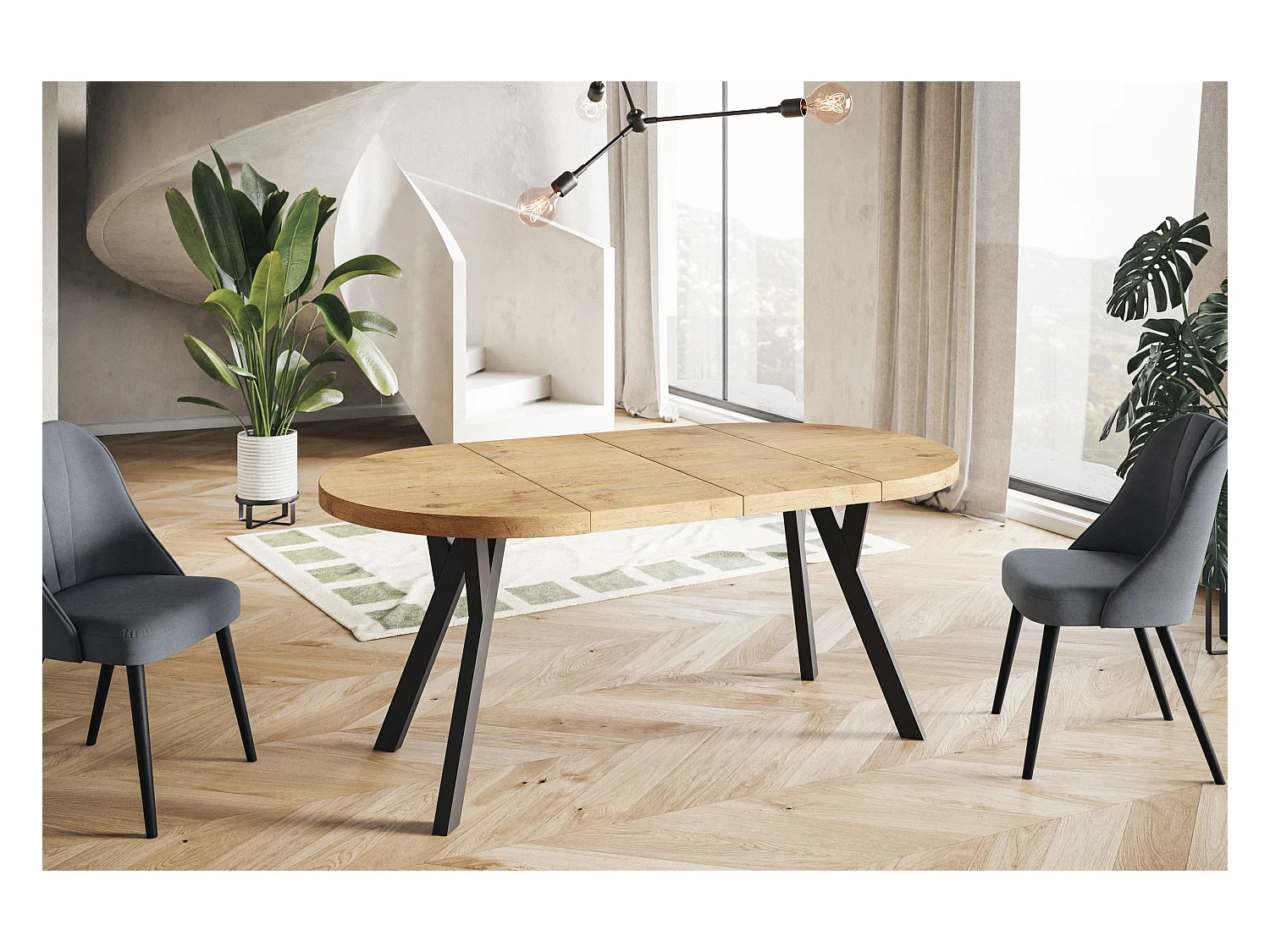 Table de salle à manger ronde OVO, table à rallonges Diamètre : 100 cm à 200 cm, couleur de la table basse : LANCELOT, avec pieds en bois de couleur noire