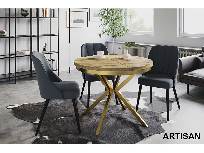 Table de salle à manger ronde BERGO, table à rallonges Diamètre : 90 cm/170 cm, couleur de la table basse : brun mat, avec pieds métalliques couleur or