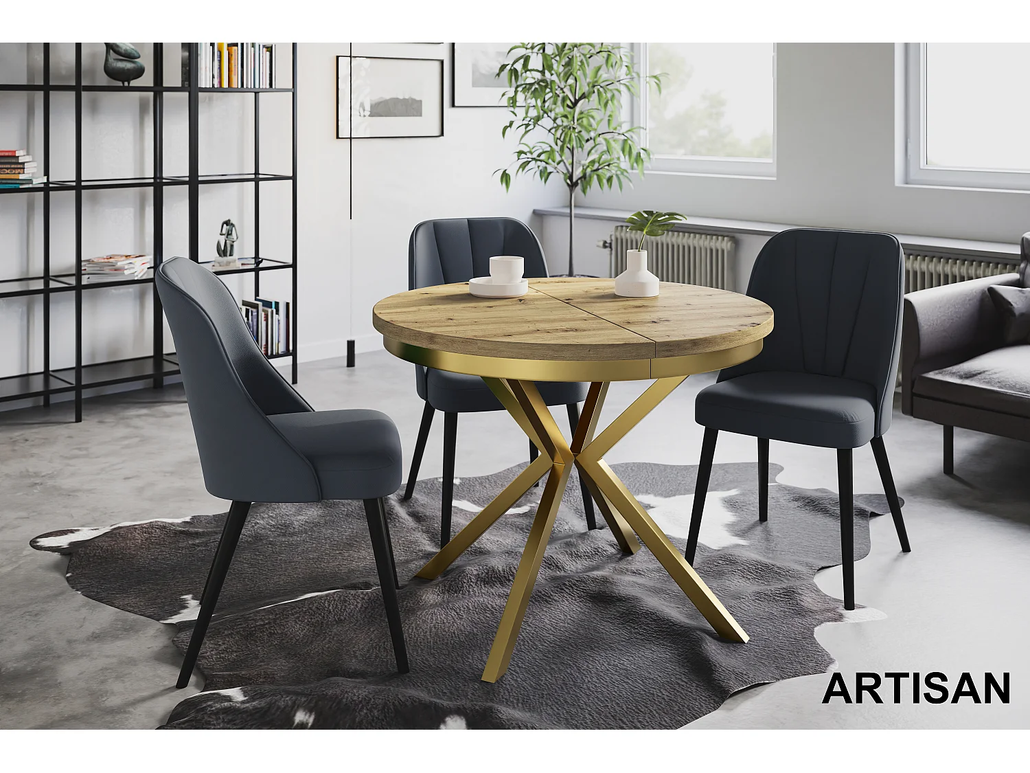 Table de salle à manger ronde BERGO, table à rallonges Diamètre : 90 cm/170 cm, couleur de la table basse : brun mat, avec pieds métalliques couleur or