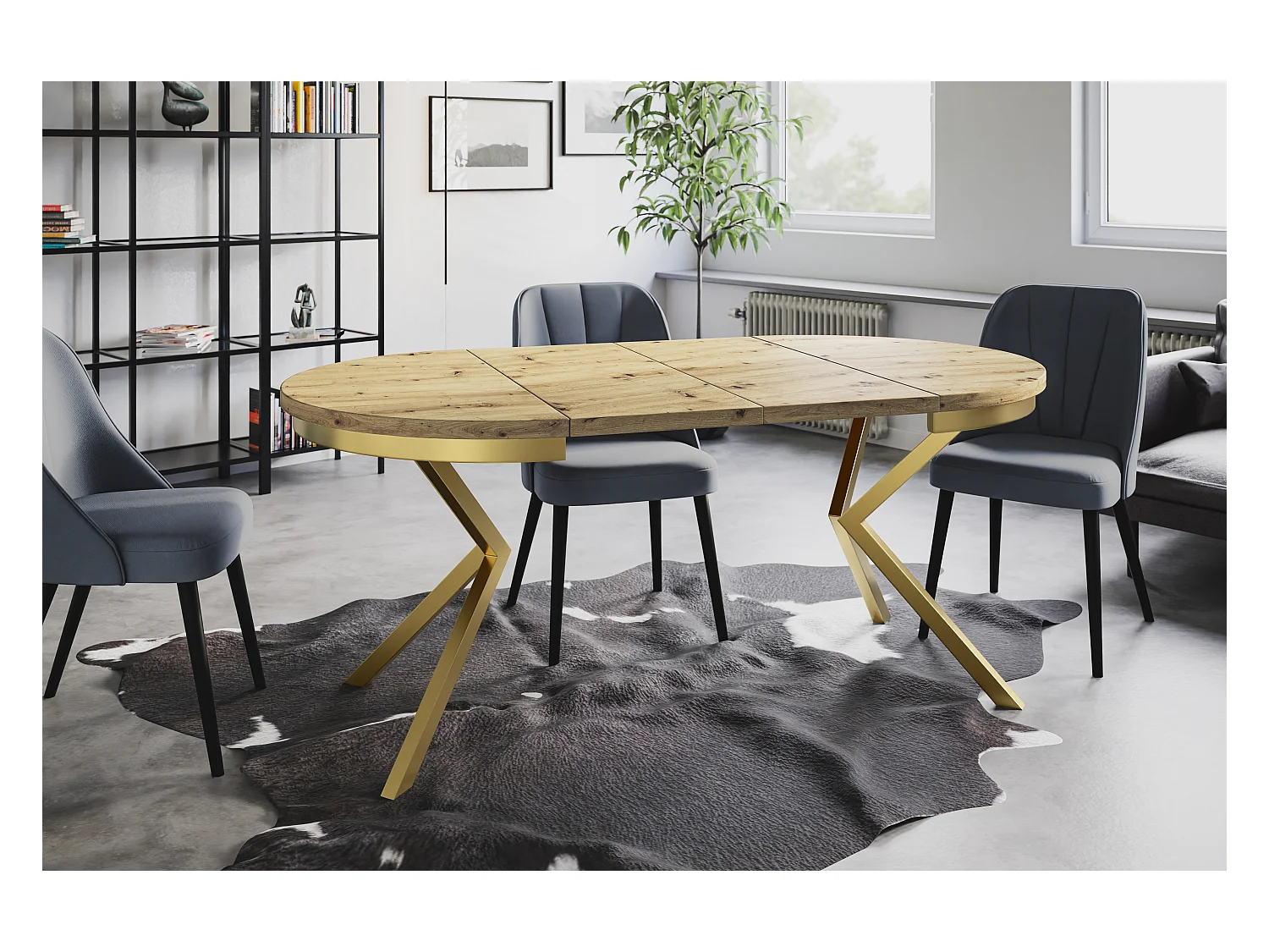 Table de salle à manger ronde BERGO, table à rallonges Diamètre : 90 cm/170 cm, couleur de la table basse : brun mat, avec pieds métalliques couleur or