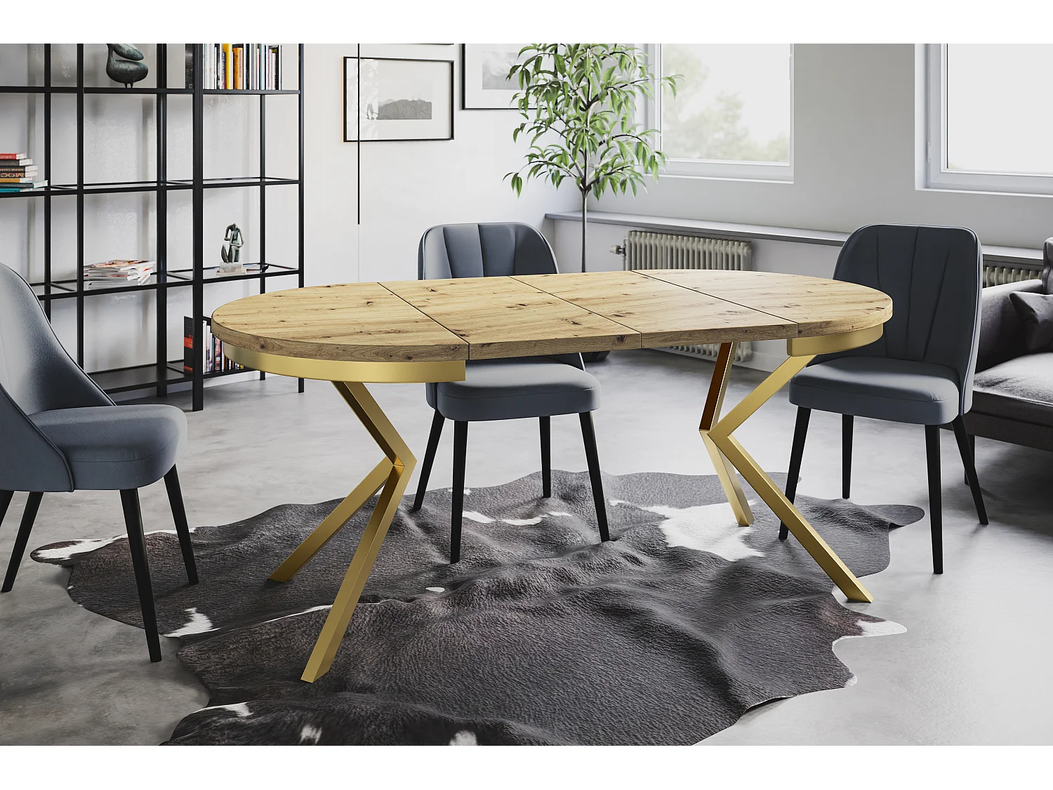 Table de salle à manger ronde BERGO, table à rallonges Diamètre : 90 cm/170 cm, couleur de la table basse : brun mat, avec pieds métalliques couleur or