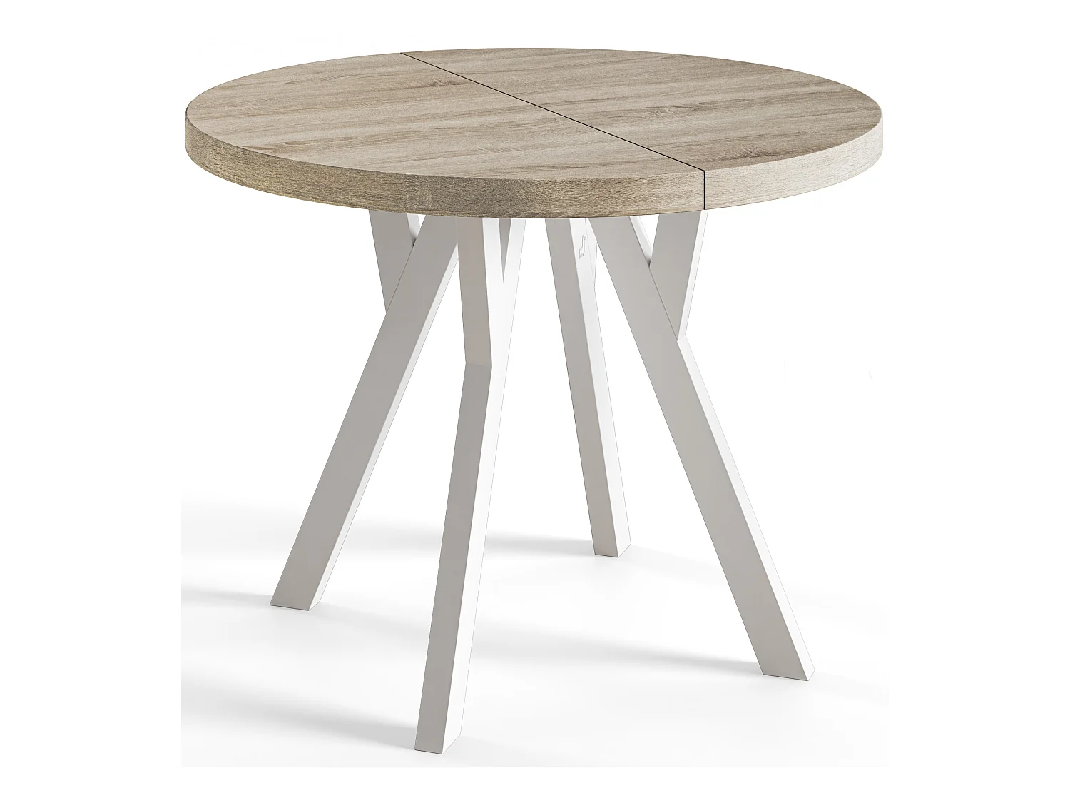 Table de salle à manger ronde OVO, table à rallonges Diamètre : 90 cm à 190 cm, couleur de la table basse : SONOMA, avec pieds en bois blanc