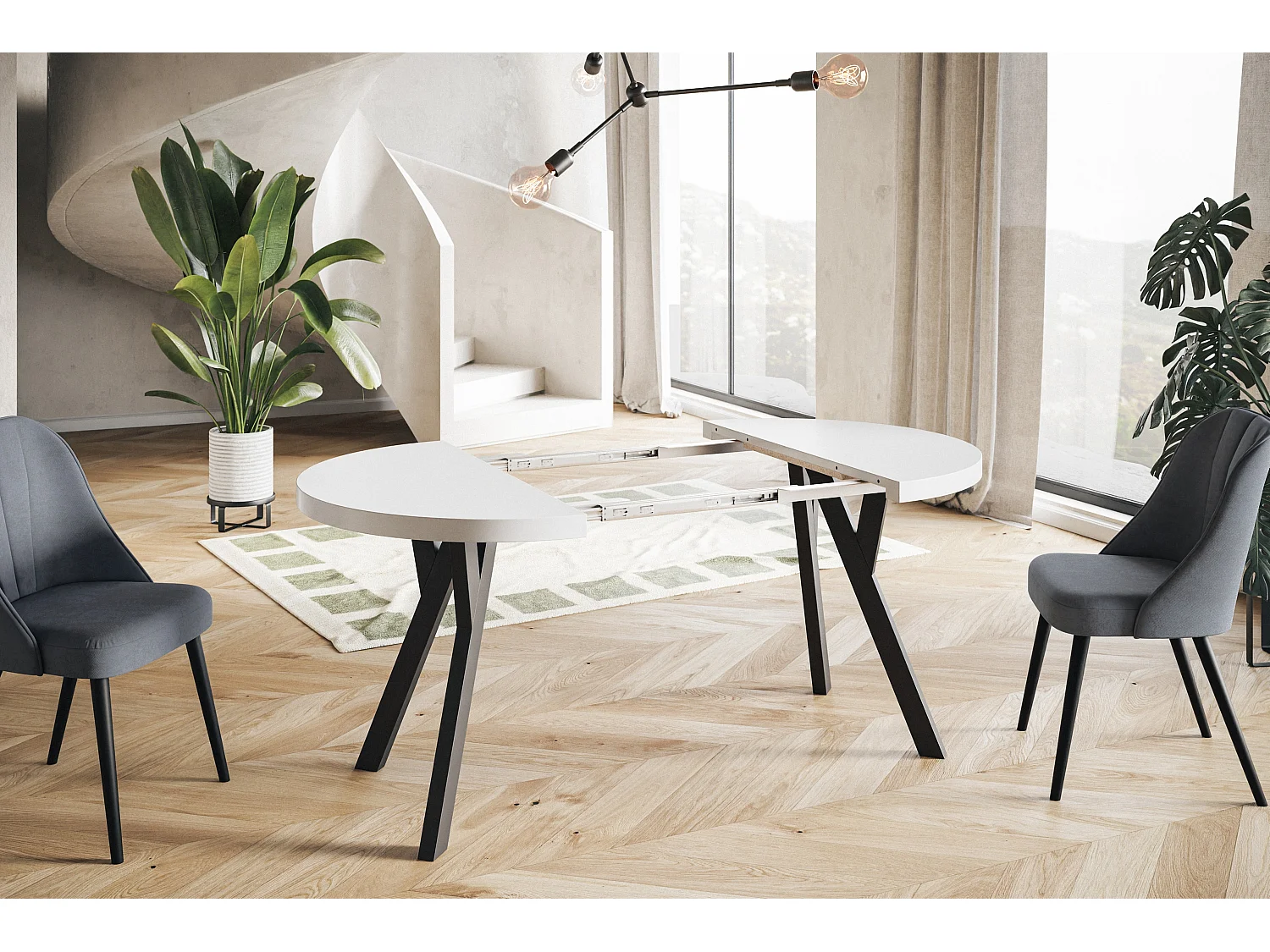 Table de salle à manger ronde OVO, table à rallonges Diamètre : 90 cm à 190 cm, couleur de la table basse : blanc, avec pieds en bois de couleur noir