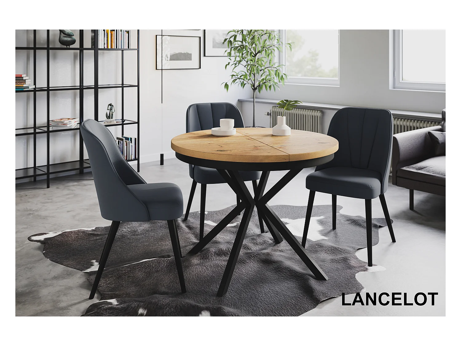 Table de salle à manger ronde BERGO, table à rallonges Diamètre : 120 cm/200 cm, couleur de la table basse : marron clair, avec pieds métalliques de couleur noire