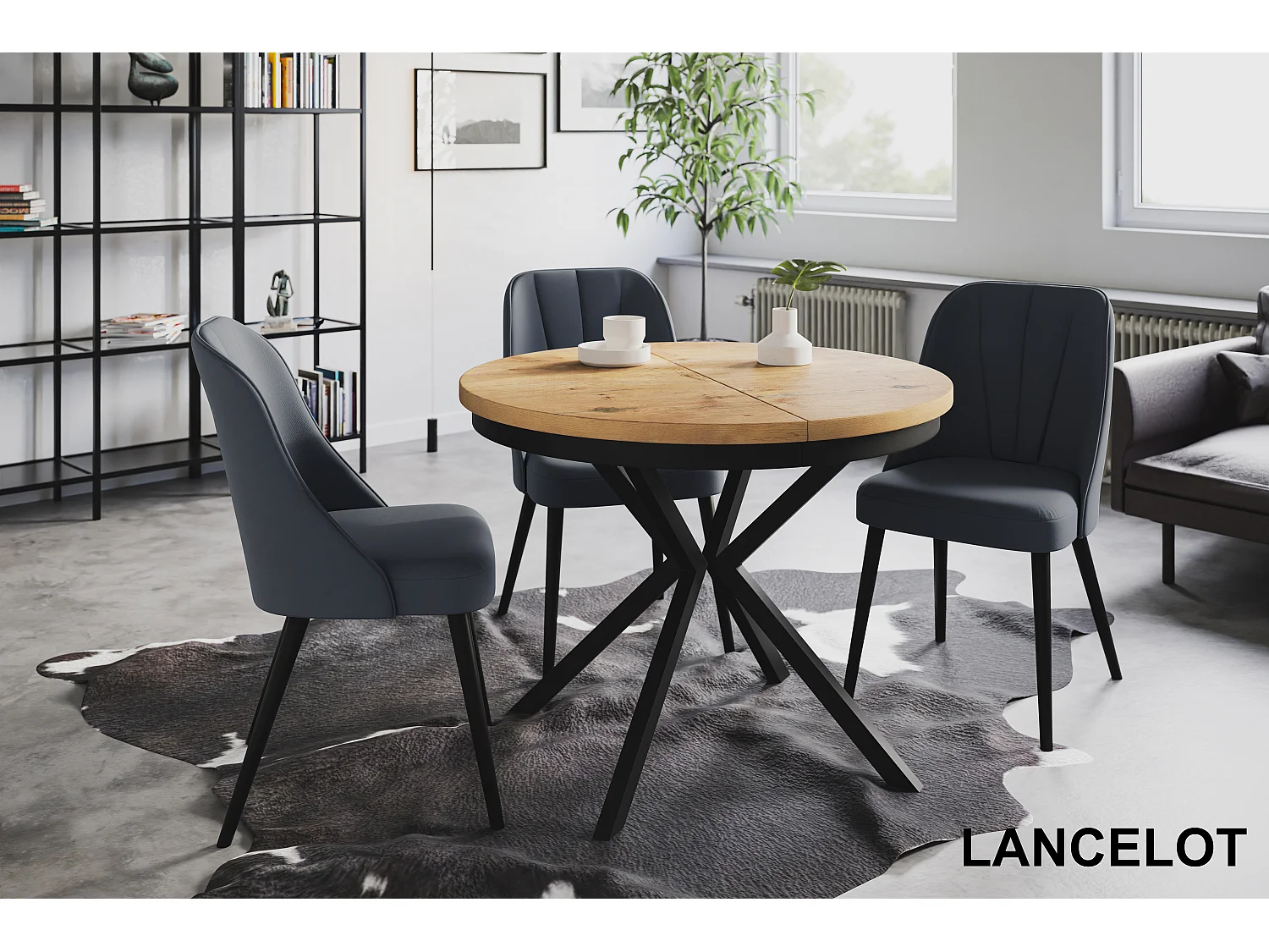 Table de salle à manger ronde BERGO, table à rallonges Diamètre : 120 cm/200 cm, couleur de la table basse : marron clair, avec pieds métalliques de couleur noire