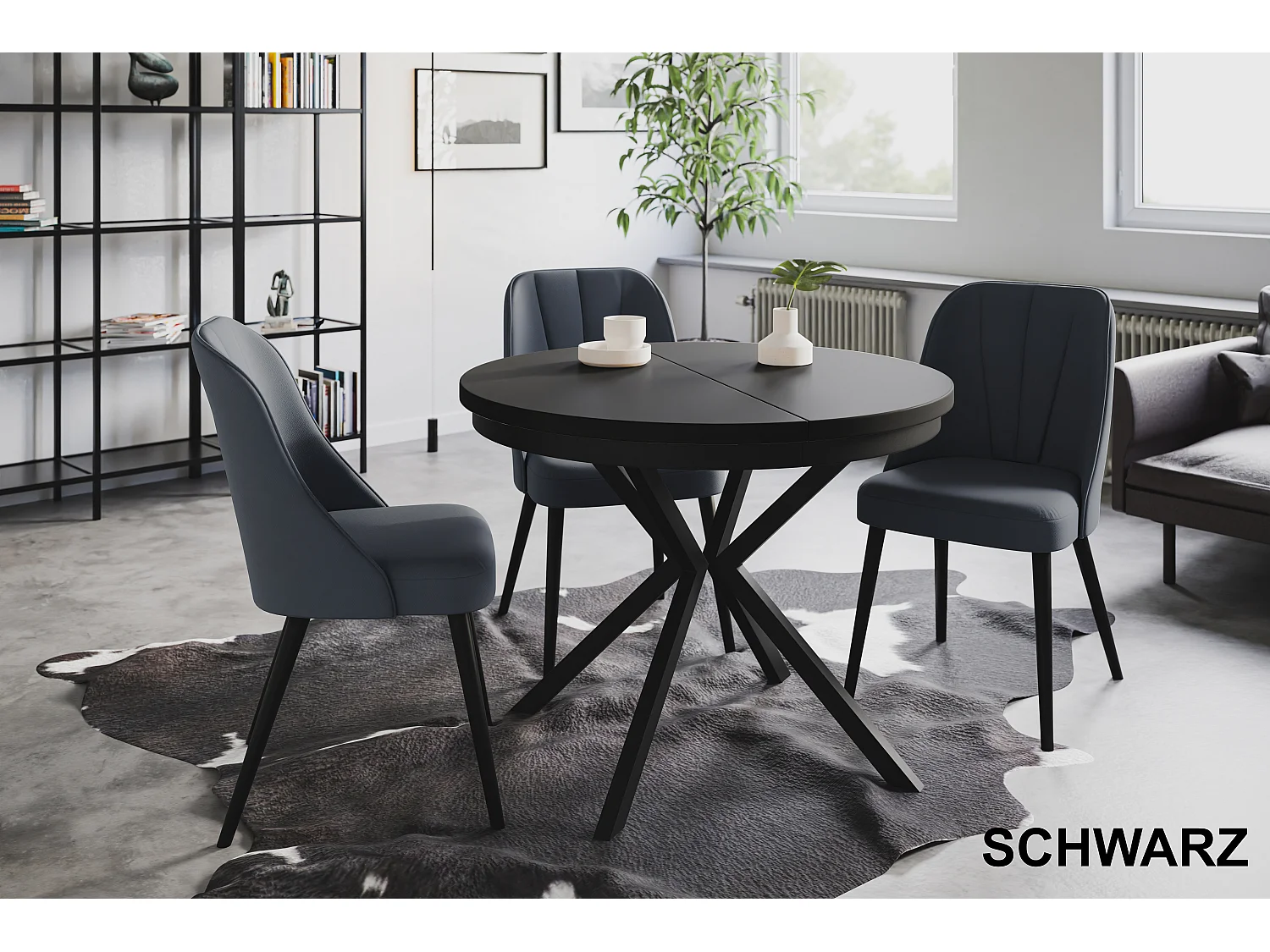 Table de salle à manger ronde BERGO, table à rallonges Diamètre : 90 cm/170 cm, couleur de la table basse : noir, avec pieds métalliques de couleur noire