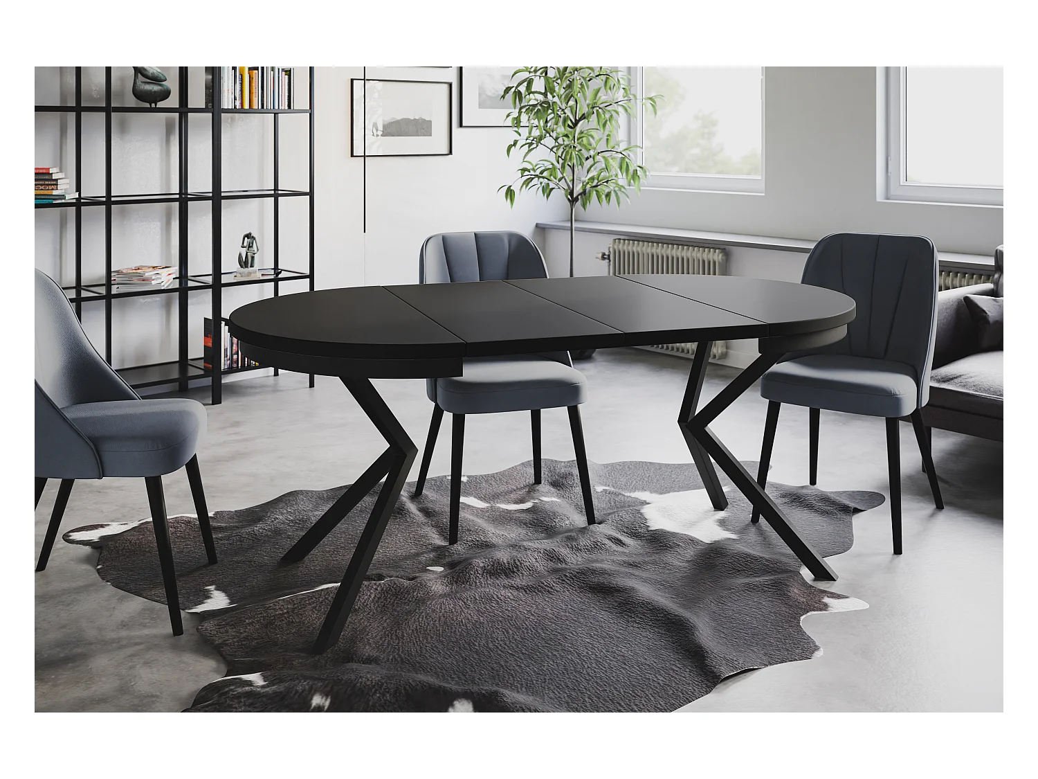 Table de salle à manger ronde BERGO, table à rallonges Diamètre : 90 cm/170 cm, couleur de la table basse : noir, avec pieds métalliques de couleur noire