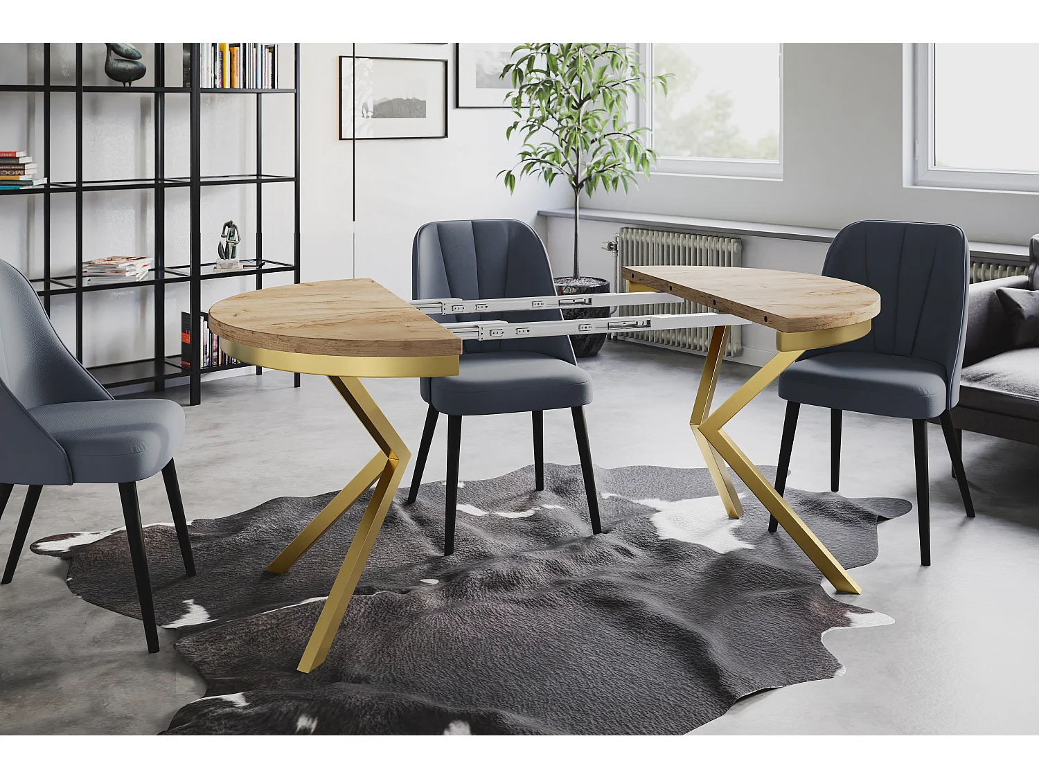 Table de salle à manger ronde BERGO, table à rallonges Diamètre : 100 cm/180 cm, couleur de la table basse : marron, avec pieds métalliques couleur or