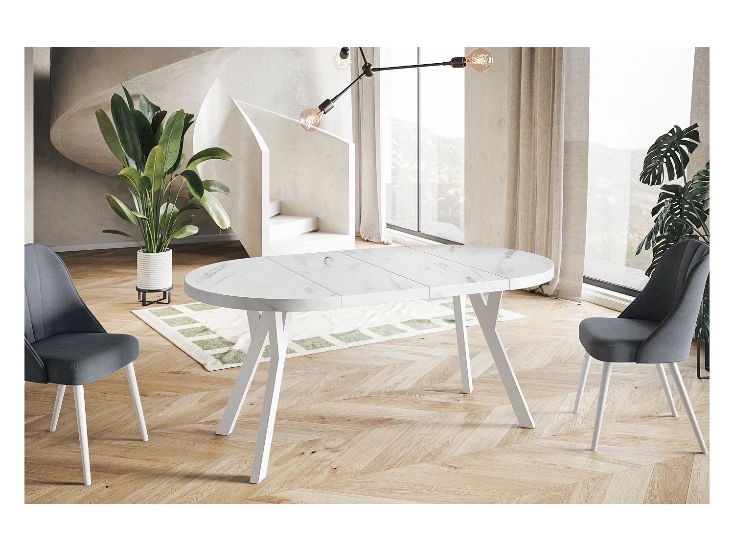 Table de salle à manger ronde OVO, table à rallonges Diamètre : 100 cm à 200 cm, couleur de la table basse : MARMUR, avec pieds en bois blanc