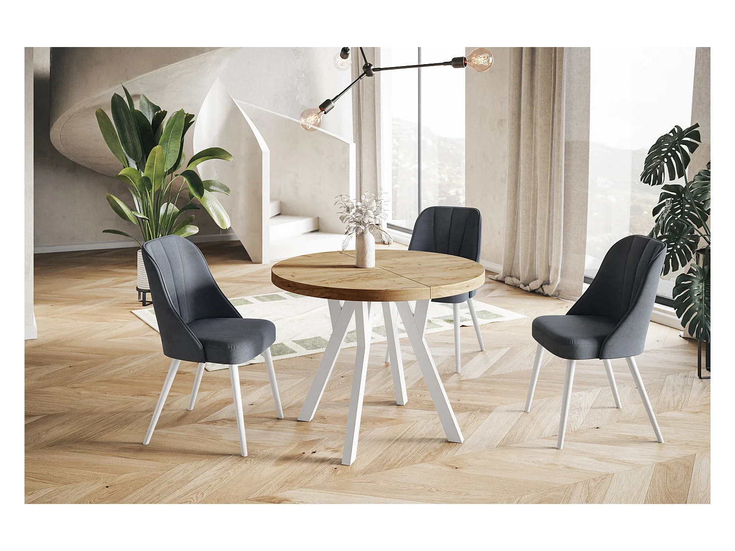 Table de salle à manger ronde OVO, table à rallonges Diamètre : 80 cm à 130 cm, couleur de la table basse : CRAFT, avec pieds en bois de couleur blanche