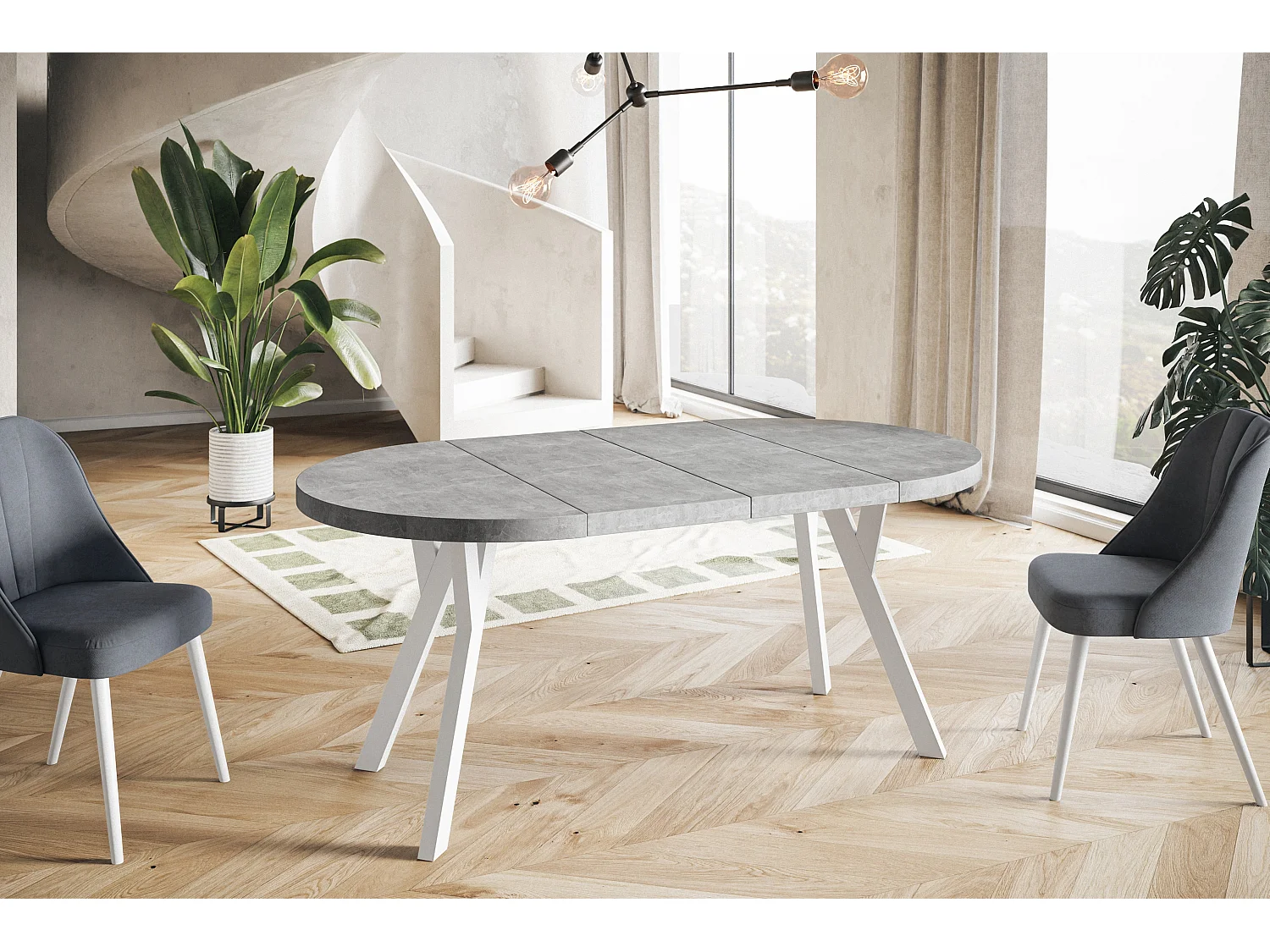 Table de salle à manger ronde OVO, table à rallonges Diamètre : 110 cm à 210 cm, couleur de la table basse : graphite, avec pieds en bois blanc