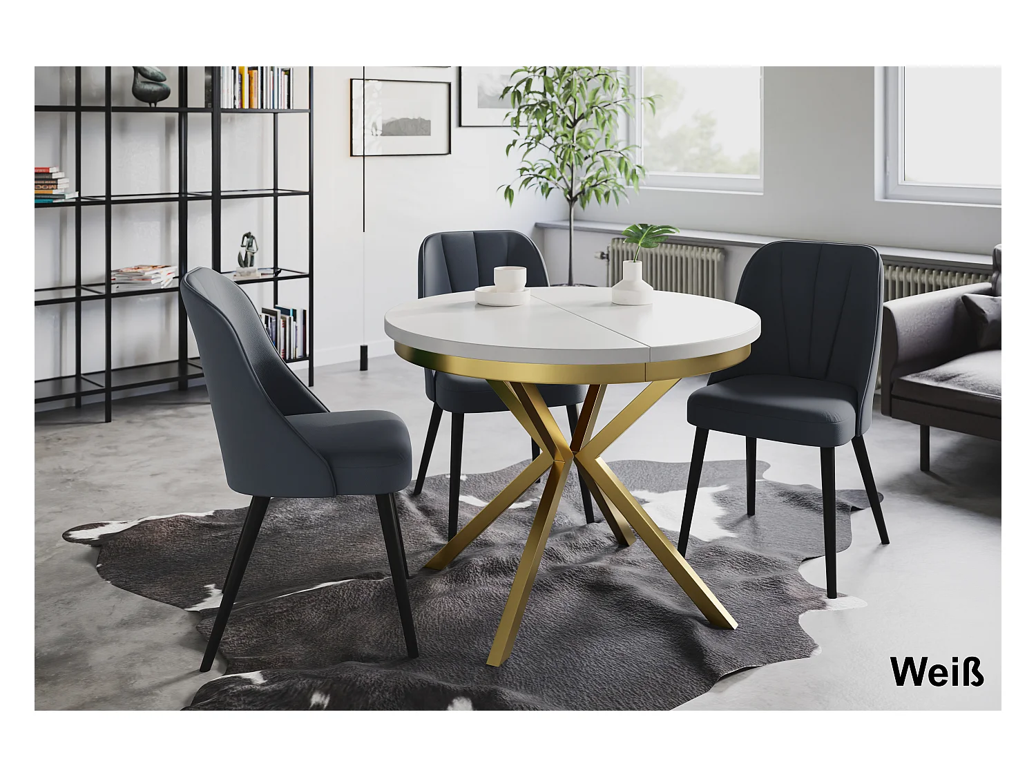 Table de salle à manger ronde BERGO, table à rallonges Diamètre : 100 cm/180 cm, couleur de la table basse : blanc, avec pieds métalliques couleur or