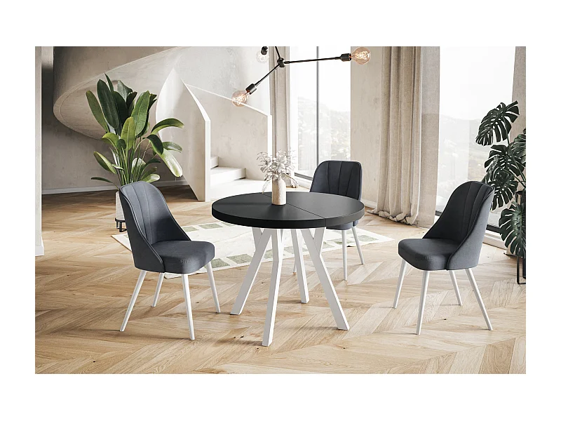 Table de salle à manger ronde OVO, table à rallonges Diamètre : 100 cm à 200 cm, couleur de la table basse : noir, avec pieds en bois de couleur blanche