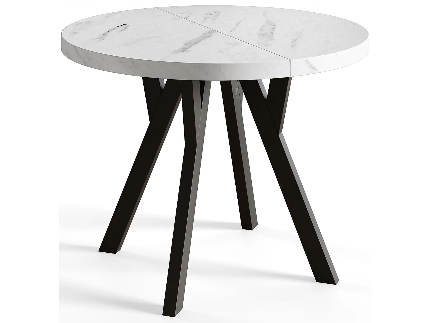 Table de salle à manger ronde OVO, table à rallonges Diamètre : 80 cm à 130 cm, couleur de la table basse : MARMUR, avec pieds en bois de couleur noire