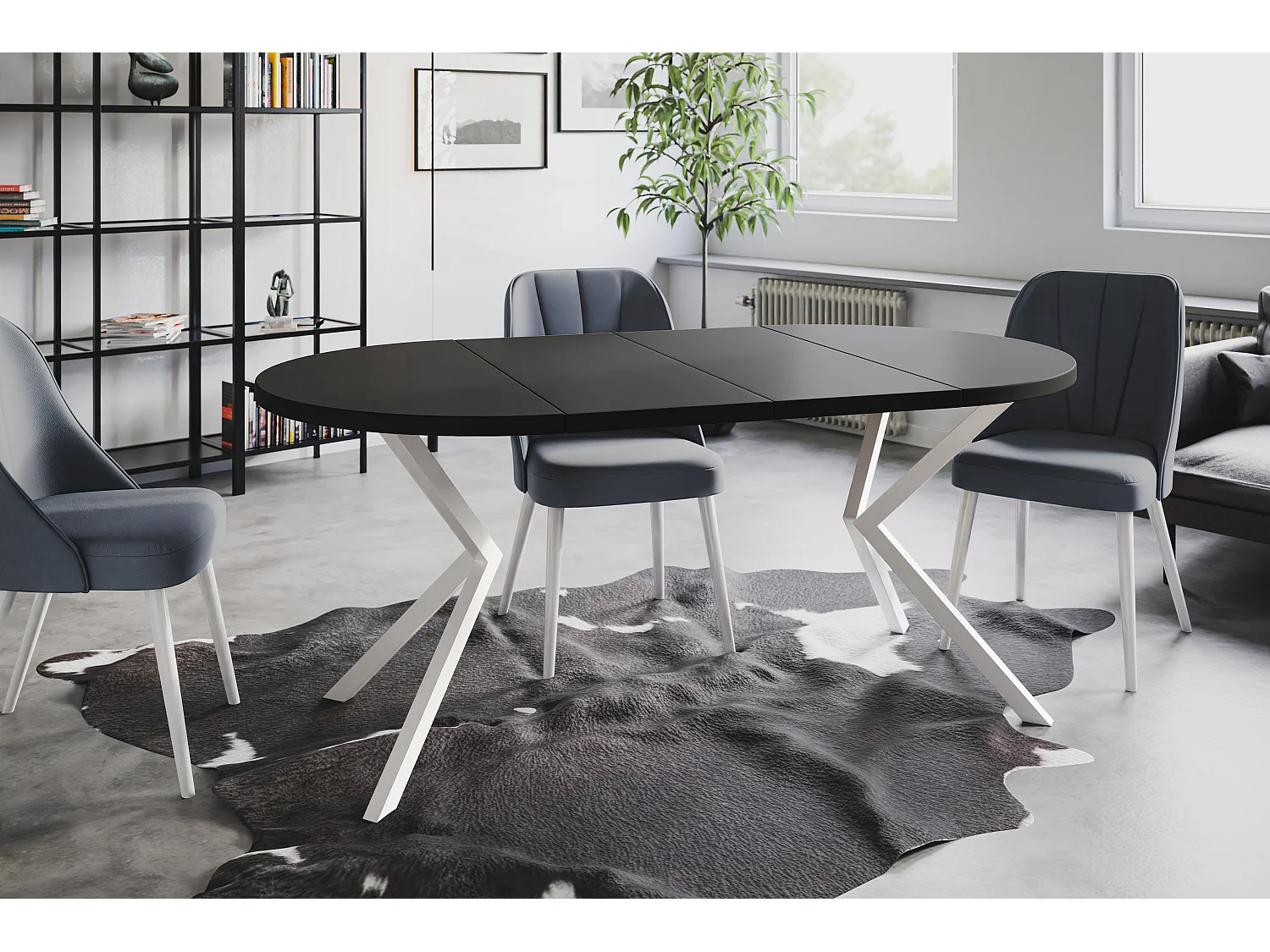 Table à manger ronde LITEN, table à rallonges Diamètre : 120 cm/200 cm, couleur de la table basse : noir, avec pieds métalliques blancs